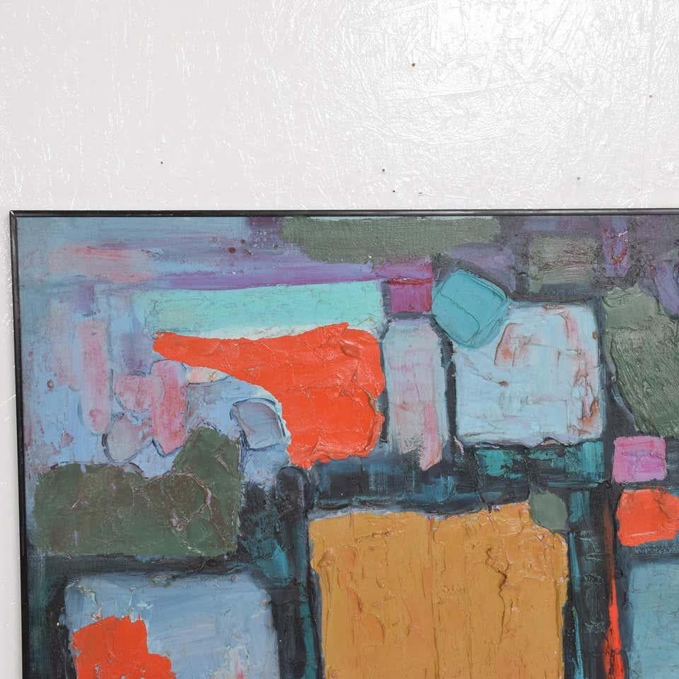Modern Art Bold Cubist Abstract Oil on Canvas Vibrant Aqua & Purple Signed 1994 In Good Condition In Chula Vista, CA