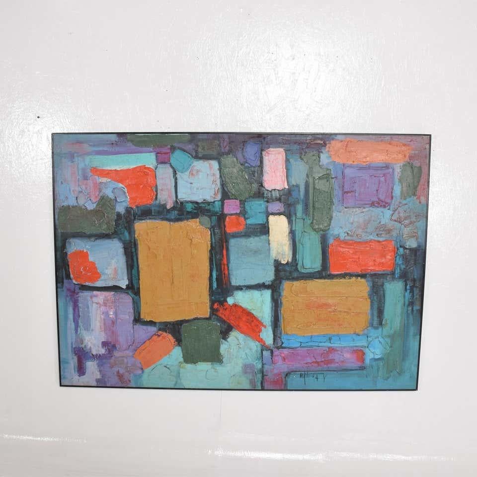 Modern Art Bold Cubist Abstract Oil on Canvas Vibrant Aqua & Purple Signed 1994 1
