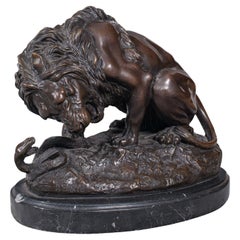 Retro Art Bronze, French, Fine Cast Sculpture, Lion, After Barye, circa 1950