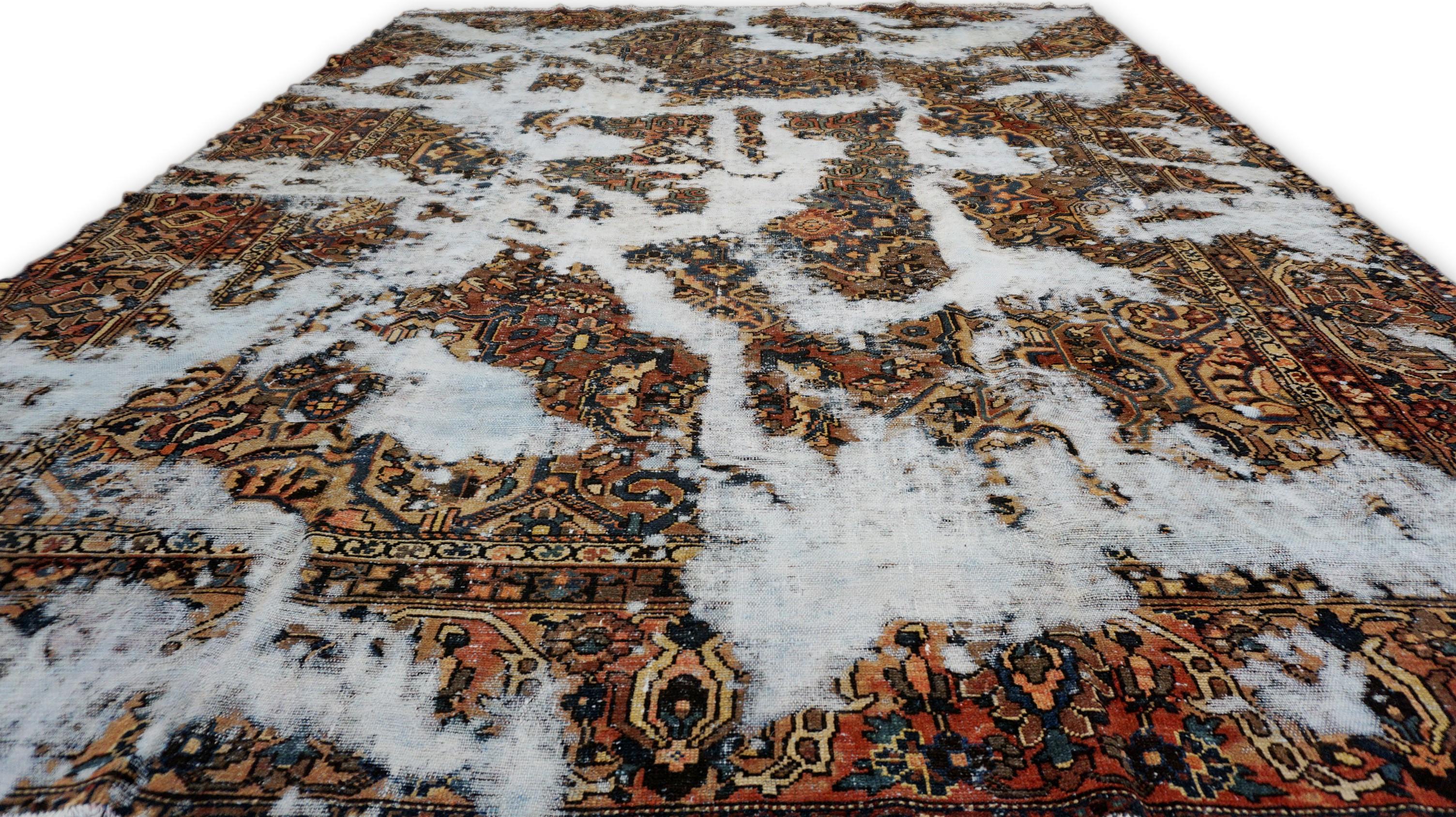 Persiano Vintage Art Tappeto in Lana Marrone e Rosso Distressed 10'11''x14'6'' in vendita