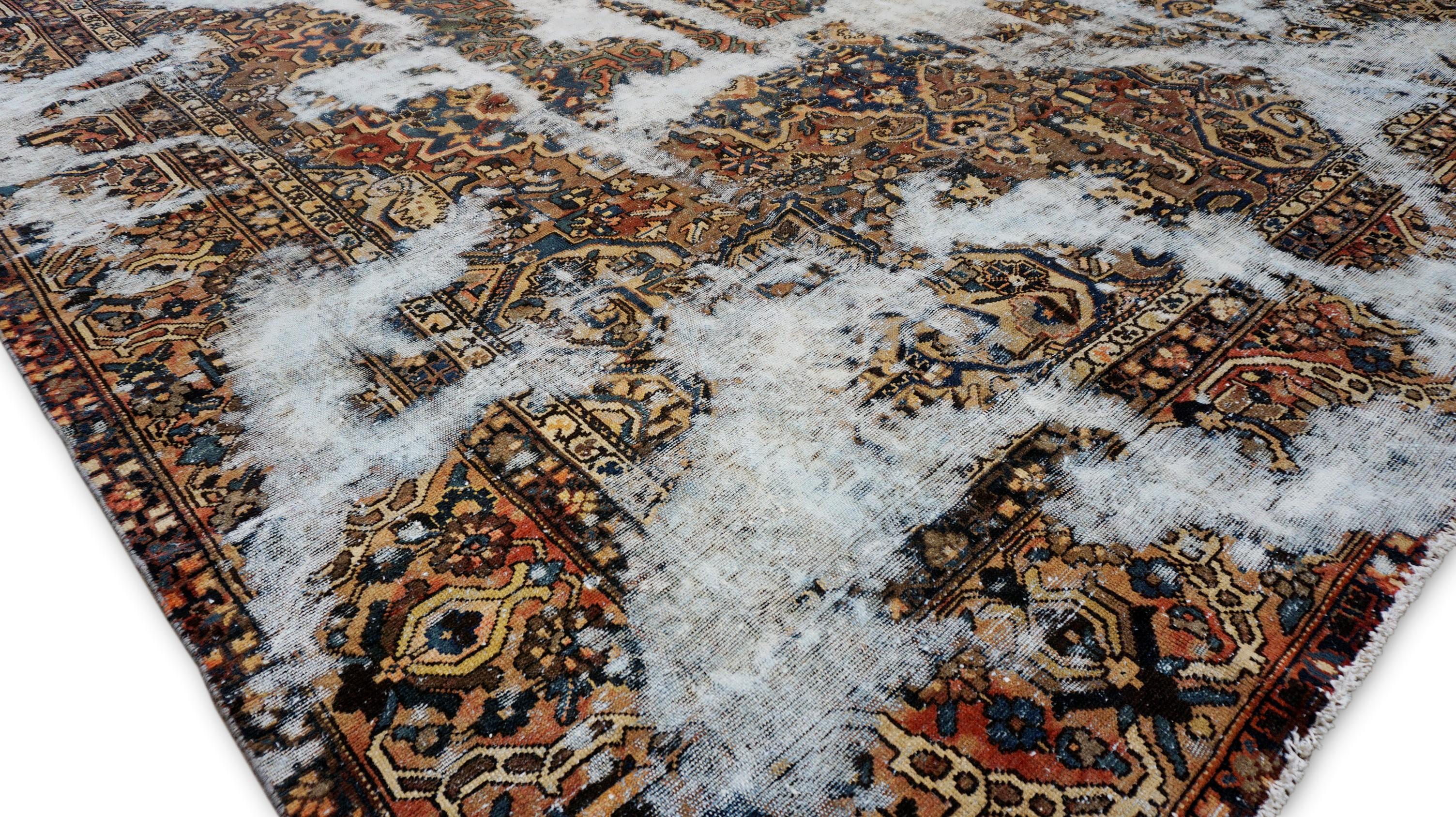 Annodato a mano Vintage Art Tappeto in Lana Marrone e Rosso Distressed 10'11''x14'6'' in vendita