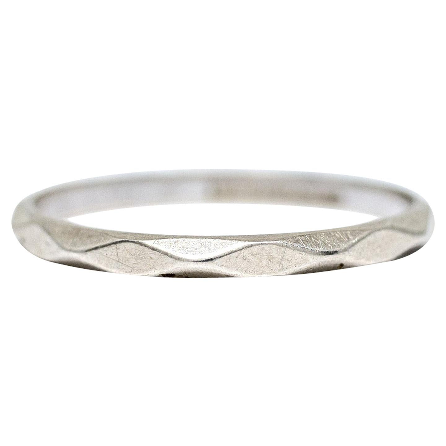 Vintage Art Carved 14 Karat White Gold Angular Textured Wedding Band