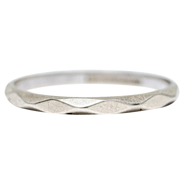 Vintage Art Carved 14 Karat White Gold Angular Textured Wedding Band Stackable For Sale At 1stdibs