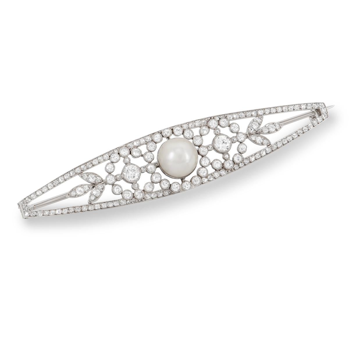 Round Cut Vintage Art Dec Diamond and Pearl Brooch in Platinum 1.75 Carats For Sale