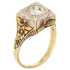 Vintage Art Deco 0.65ct Diamond Ring 18k Gold Etched Square Engagement Band