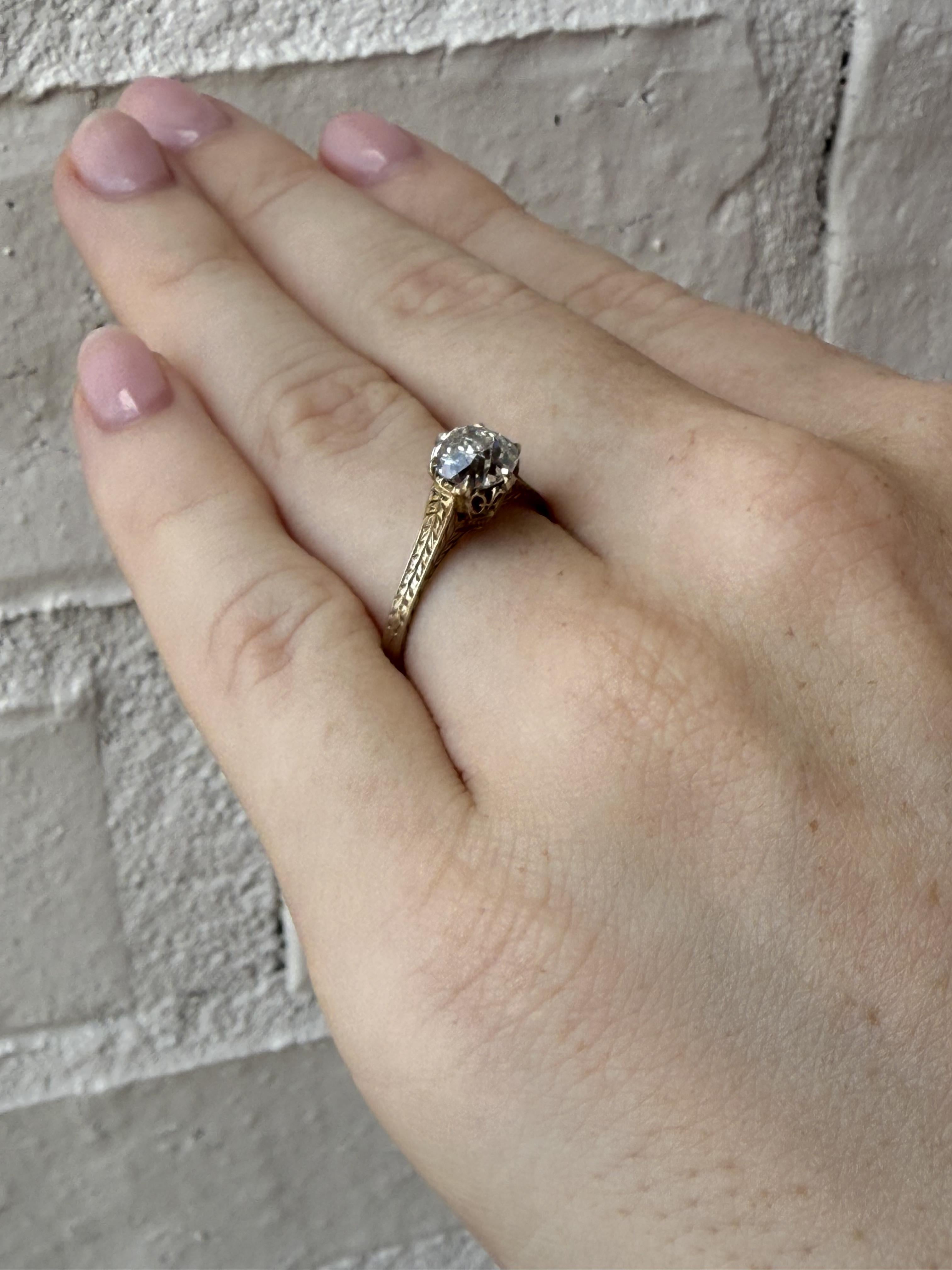 Vintage Art Deco 1 Carat Old Mine Cut Diamond Engagement Ring 14K White Gold For Sale 1