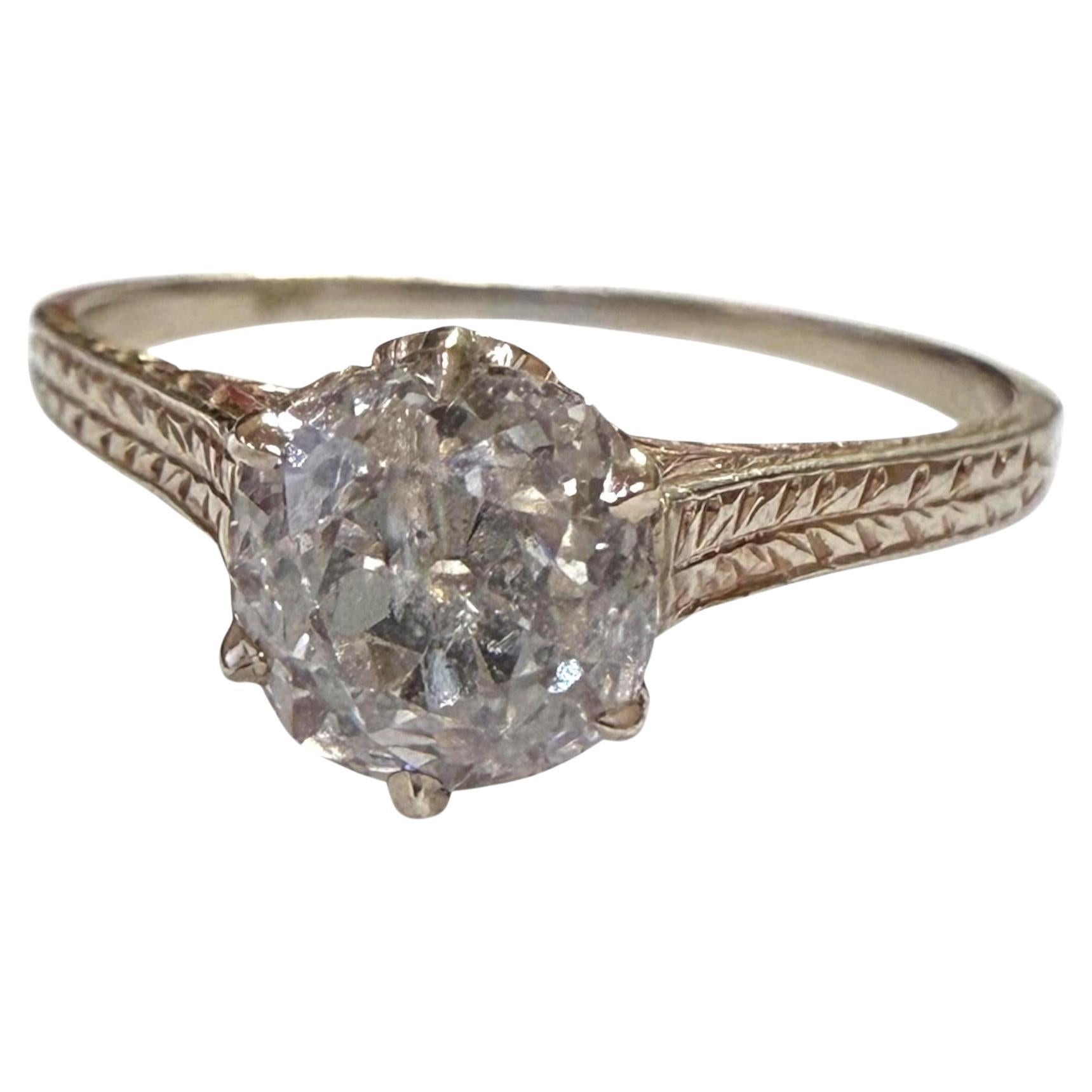 Vintage Art Deco 1 Carat Old Mine Cut Diamond Engagement Ring 14K White Gold For Sale
