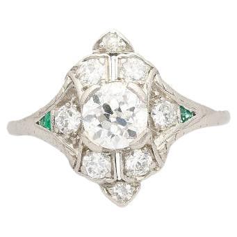 Vintage Art Deco 1cttw Old Euro Cut Diamond Ring in Platinum 900 For Sale