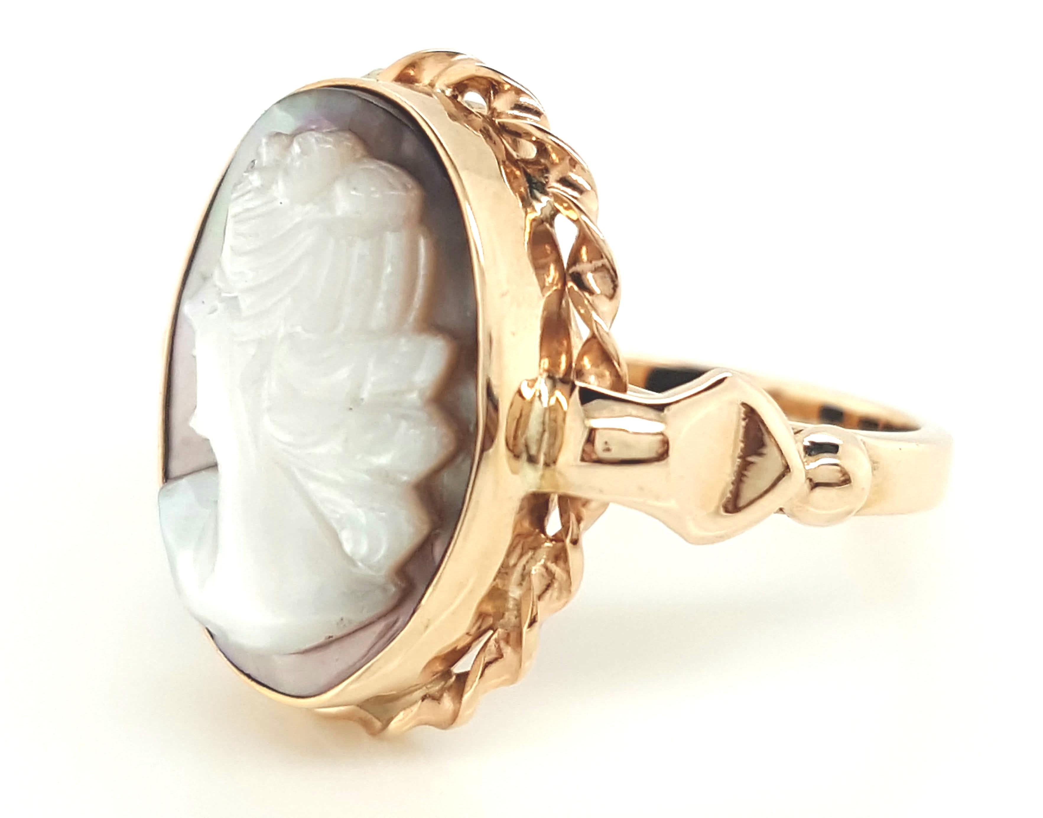 This intricately carved shell cameo ring is as stunning as it is unique in 10 karat yellow gold! These yellow gold vintage rings are tougher to find and this one is in great condition! These also look super cute stacked with other vintage bands!
Can