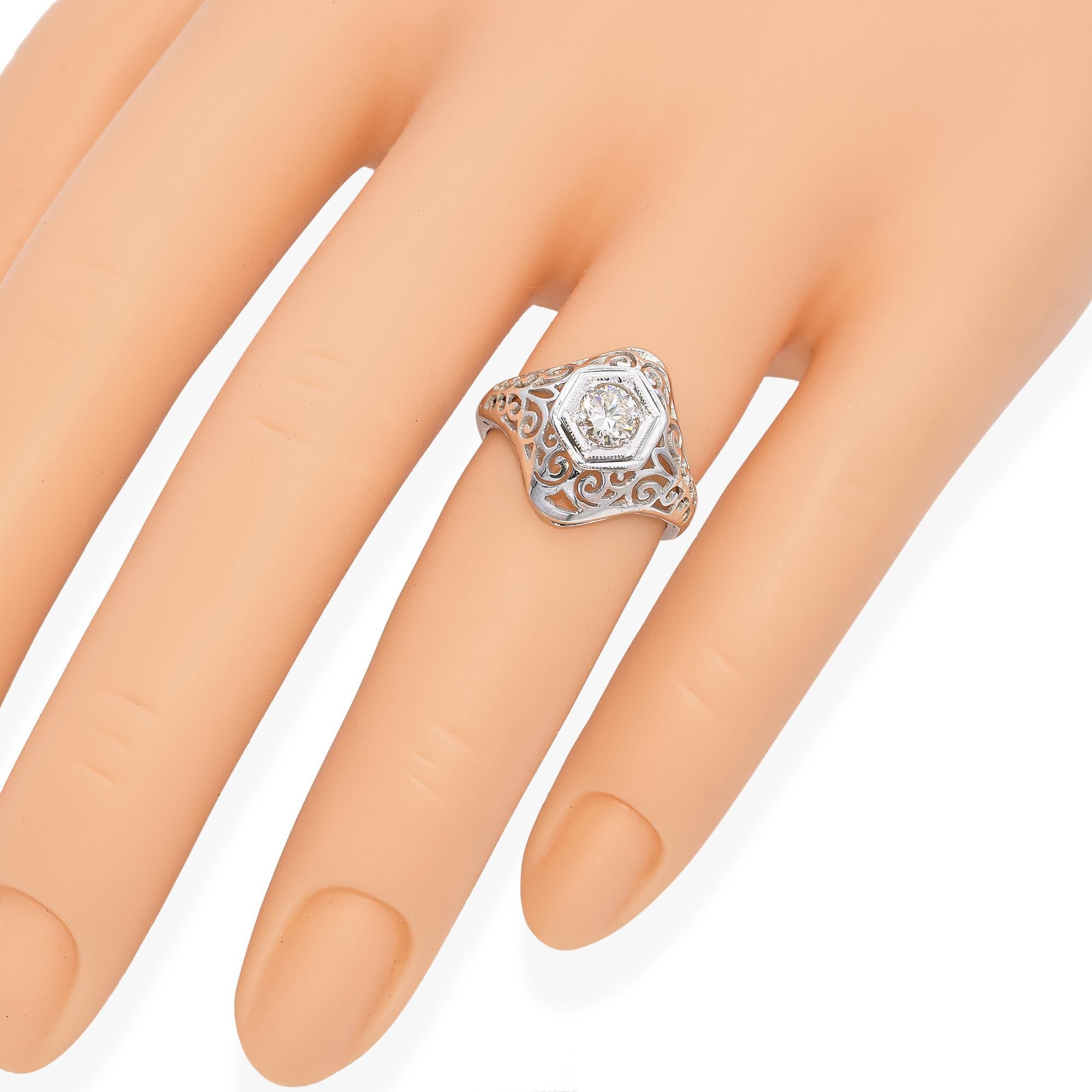Vintage Art Deco 10K White Gold 0.45 Ct Diamond Engagement Ring For Sale 1