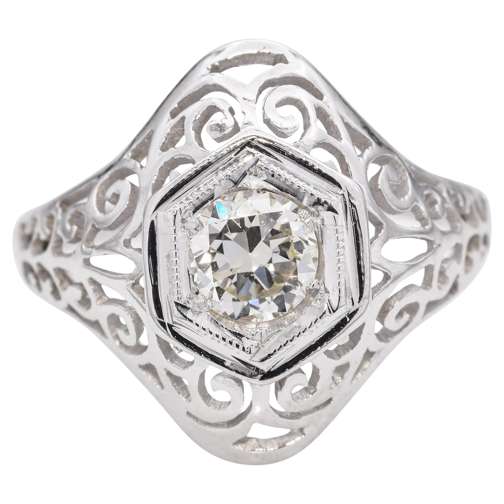 Vintage Art Deco 10K White Gold 0.45 Ct Diamond Engagement Ring For Sale