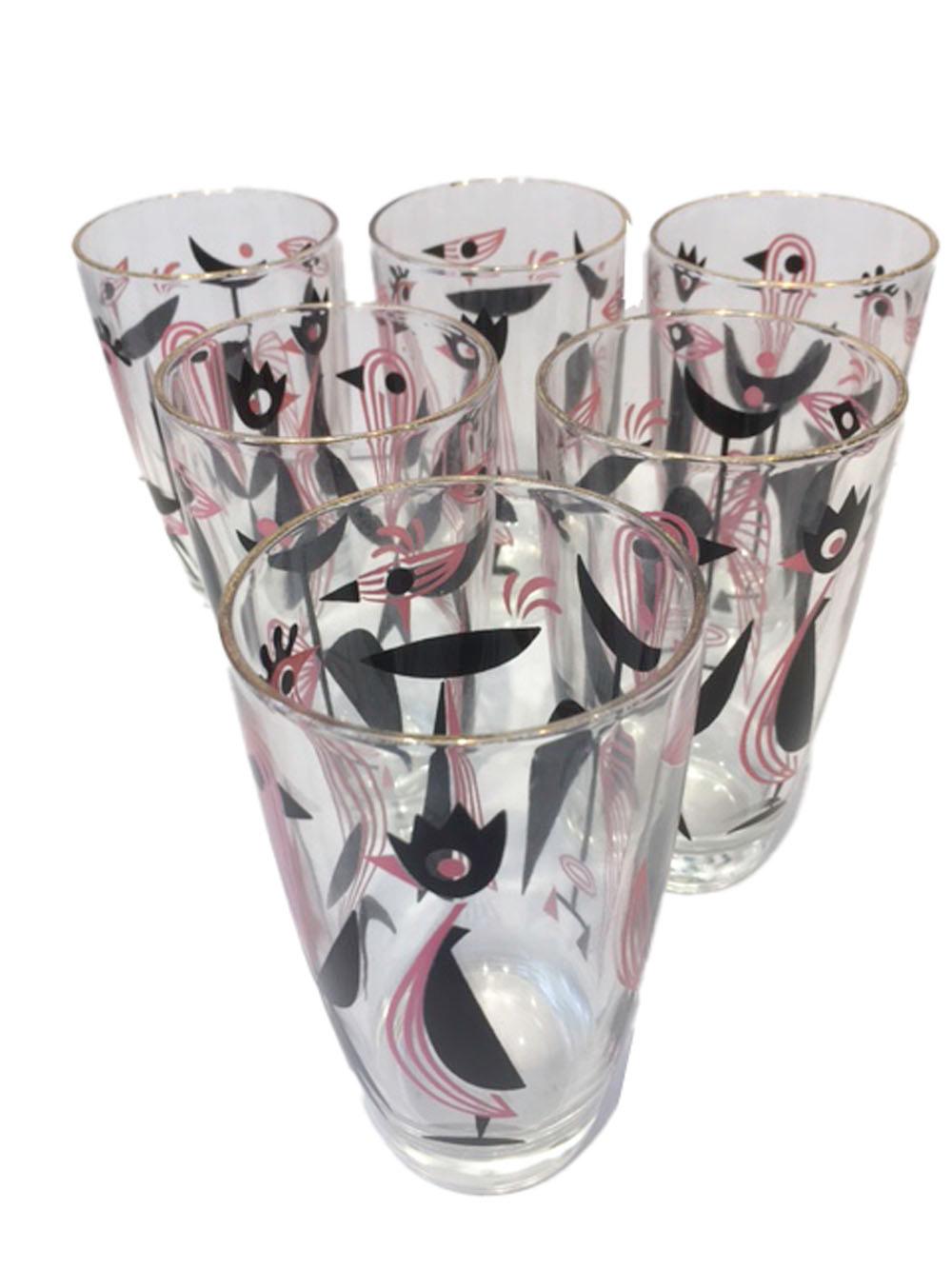 American Vintage Art Deco 11 Piece Dyball Cocktail Set with Pink and Black Stylized Birds