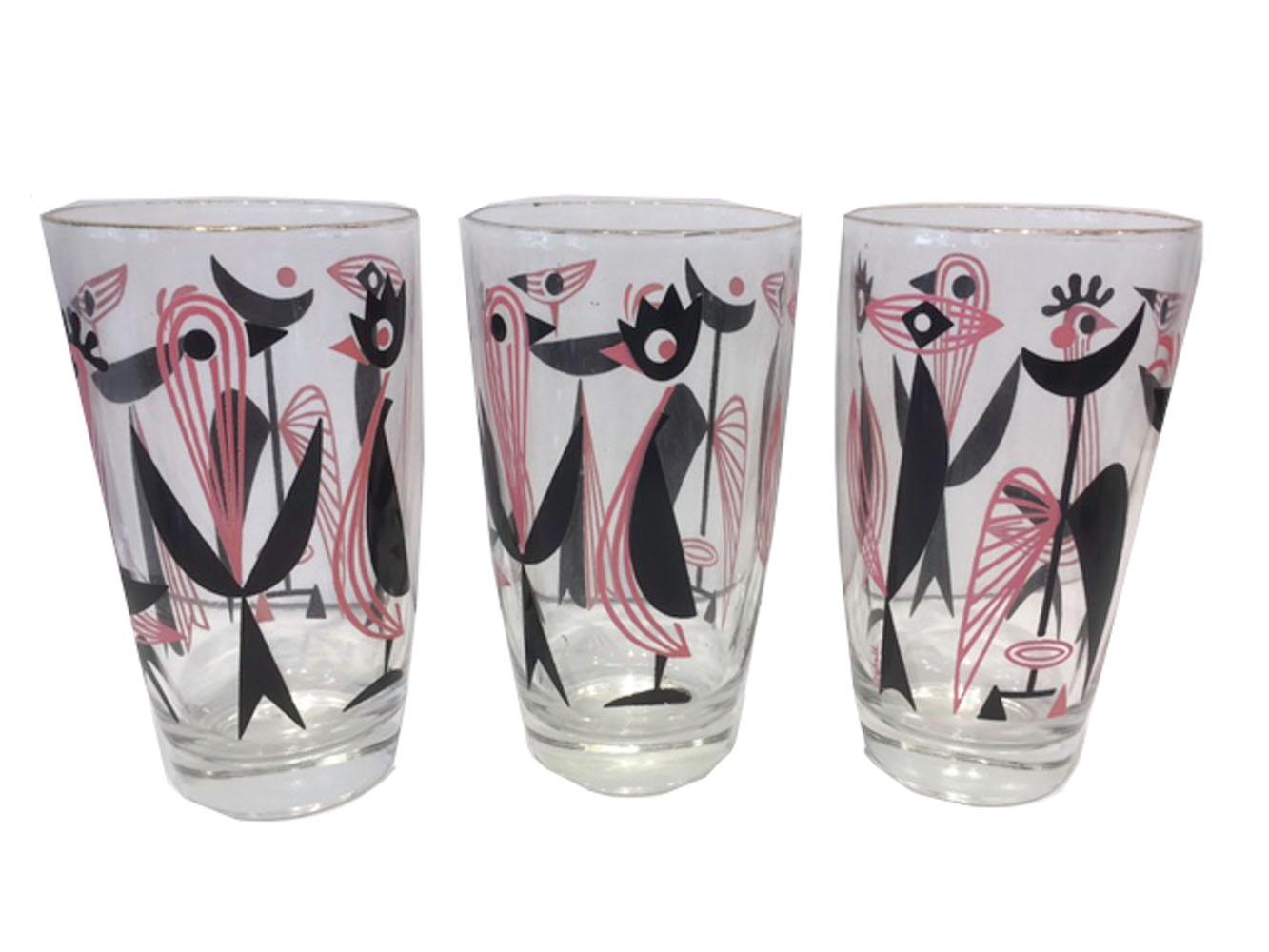 Enameled Vintage Art Deco 11 Piece Dyball Cocktail Set with Pink and Black Stylized Birds