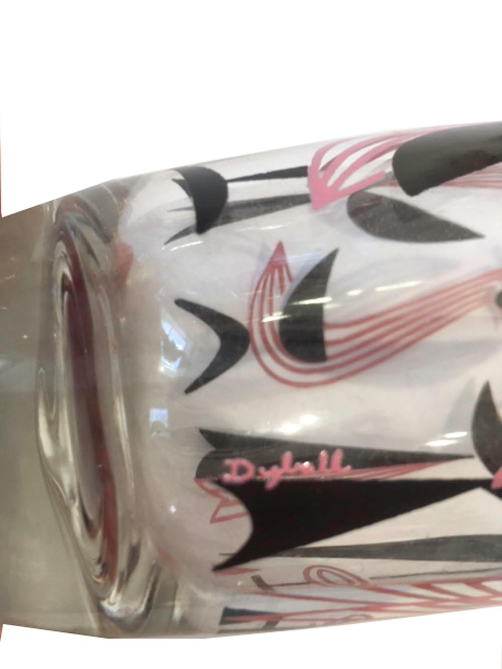 Glass Vintage Art Deco 11 Piece Dyball Cocktail Set with Pink and Black Stylized Birds