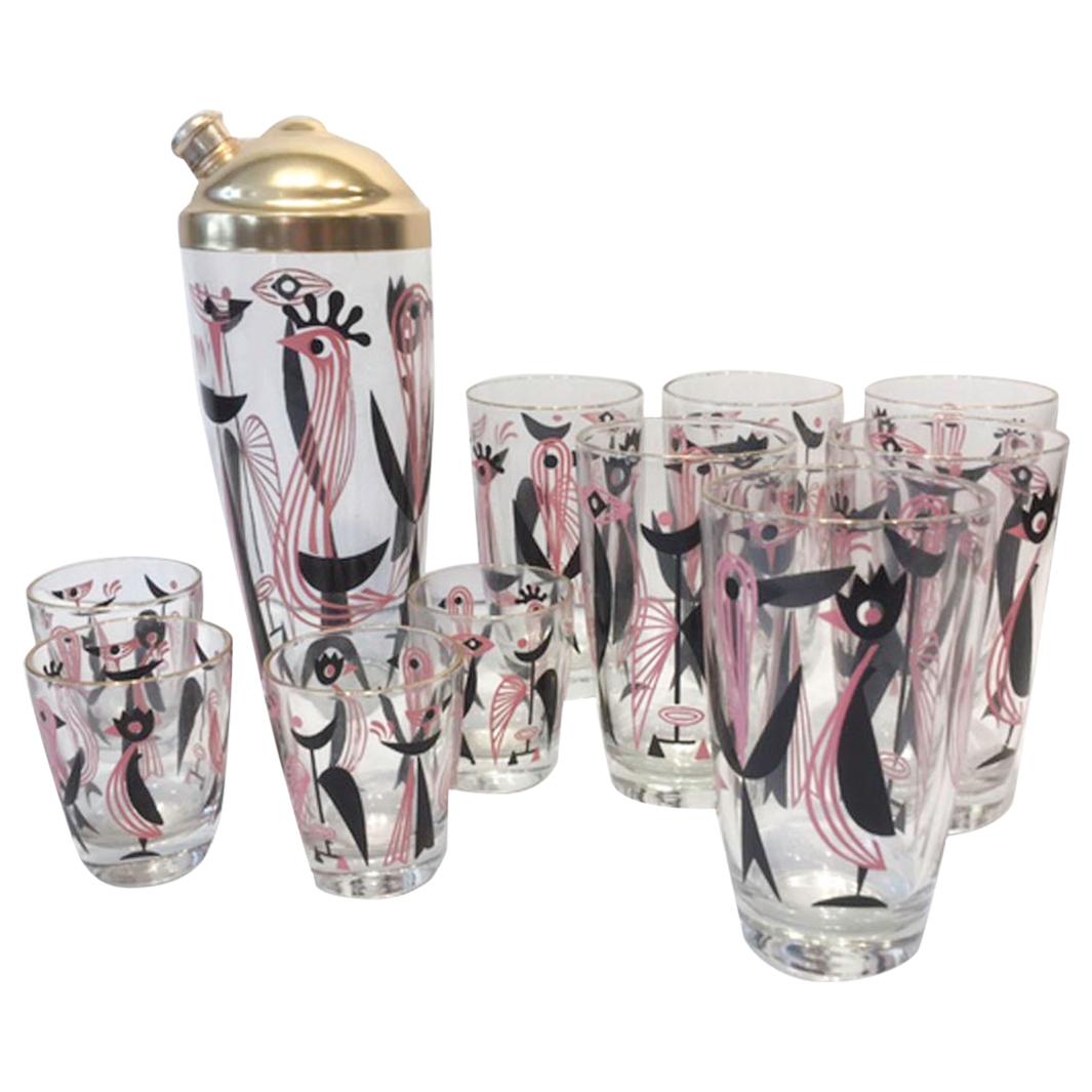 Vintage Art Deco 11 Piece Dyball Cocktail Set with Pink and Black Stylized Birds