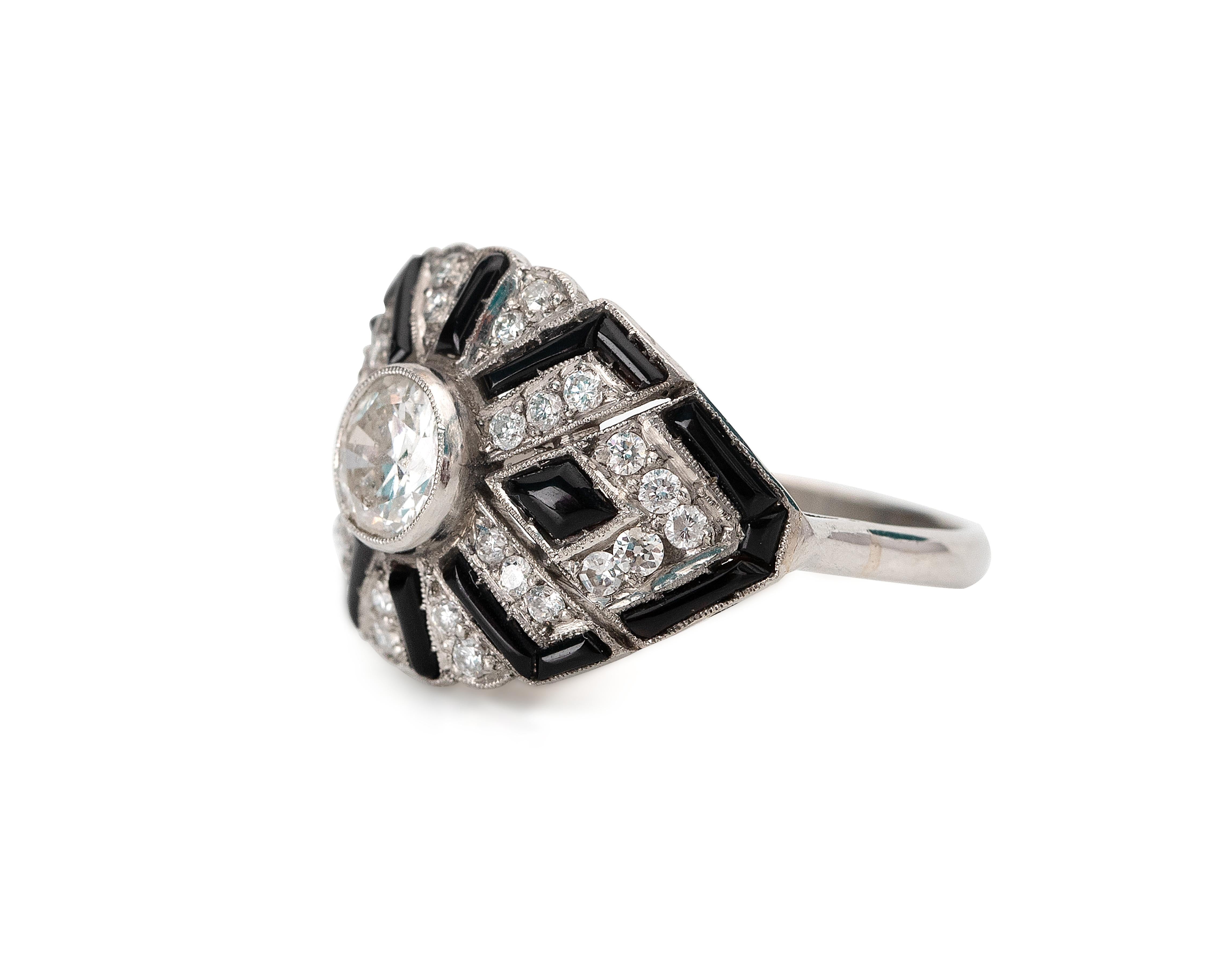 Art Deco 1.12 Carat Old European Cut Diamond Ring with Black Onyx Geometric In Good Condition In Addison, TX
