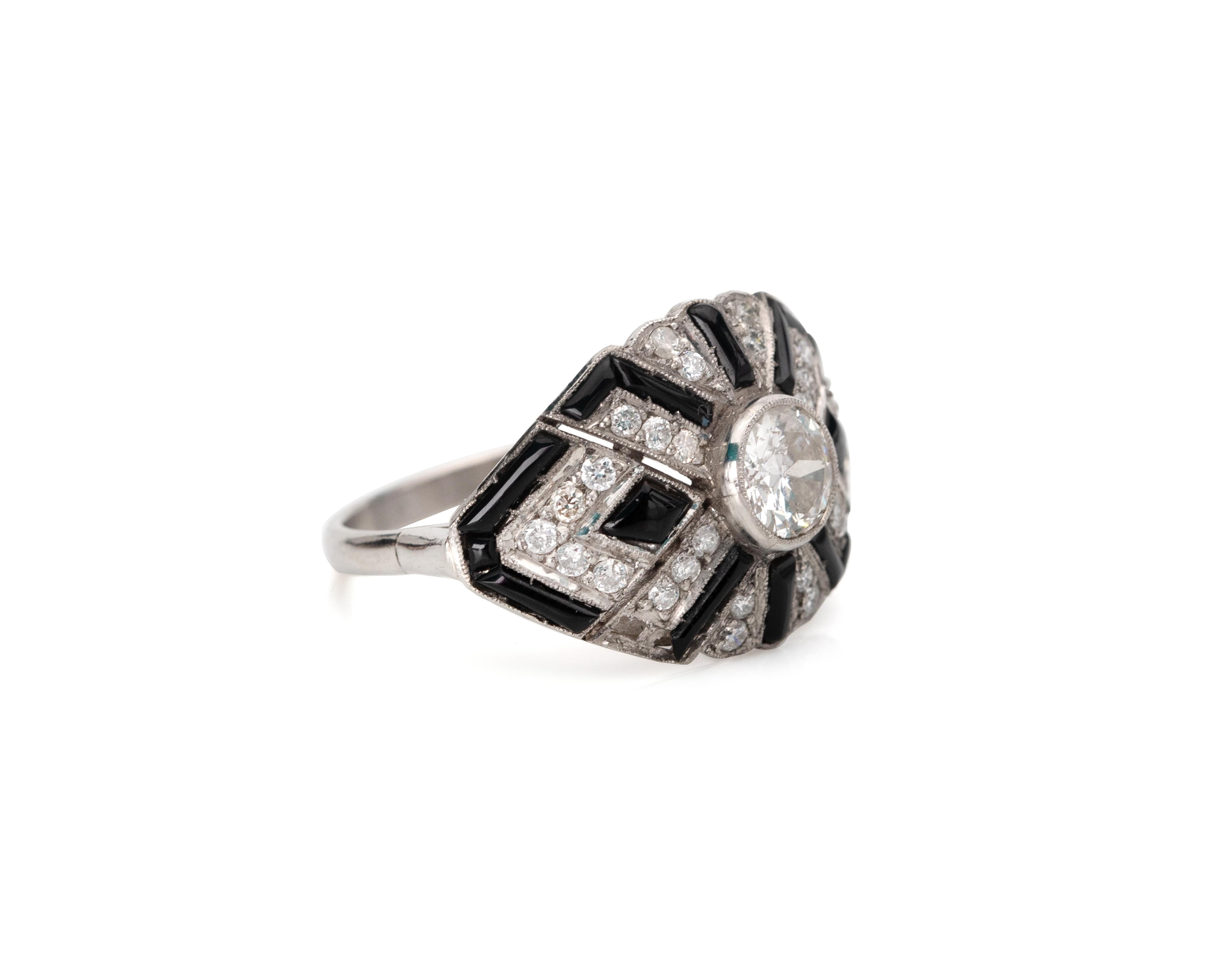 Women's Art Deco 1.12 Carat Old European Cut Diamond Ring with Black Onyx Geometric