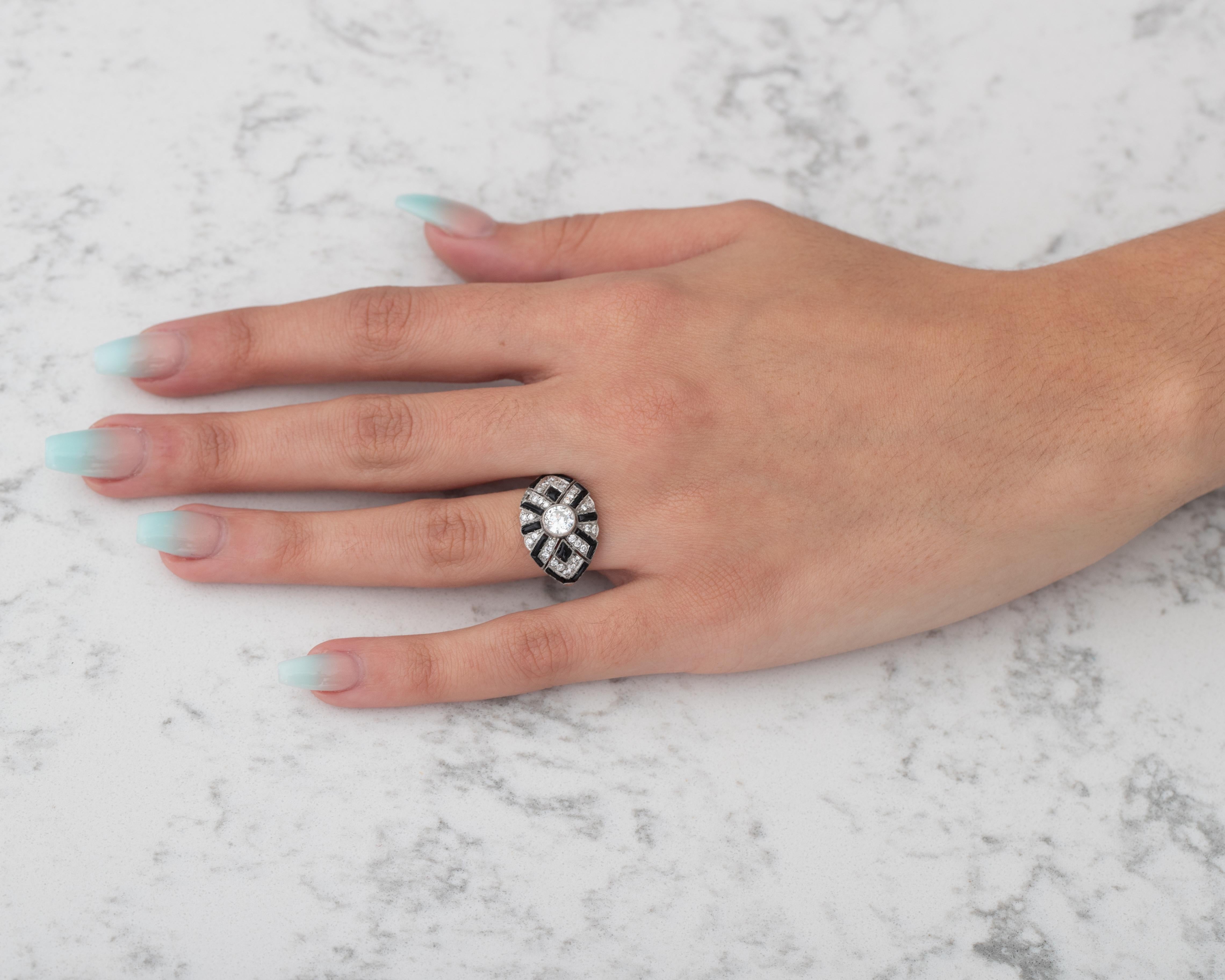 Art Deco 1.12 Carat Old European Cut Diamond Ring with Black Onyx Geometric 3