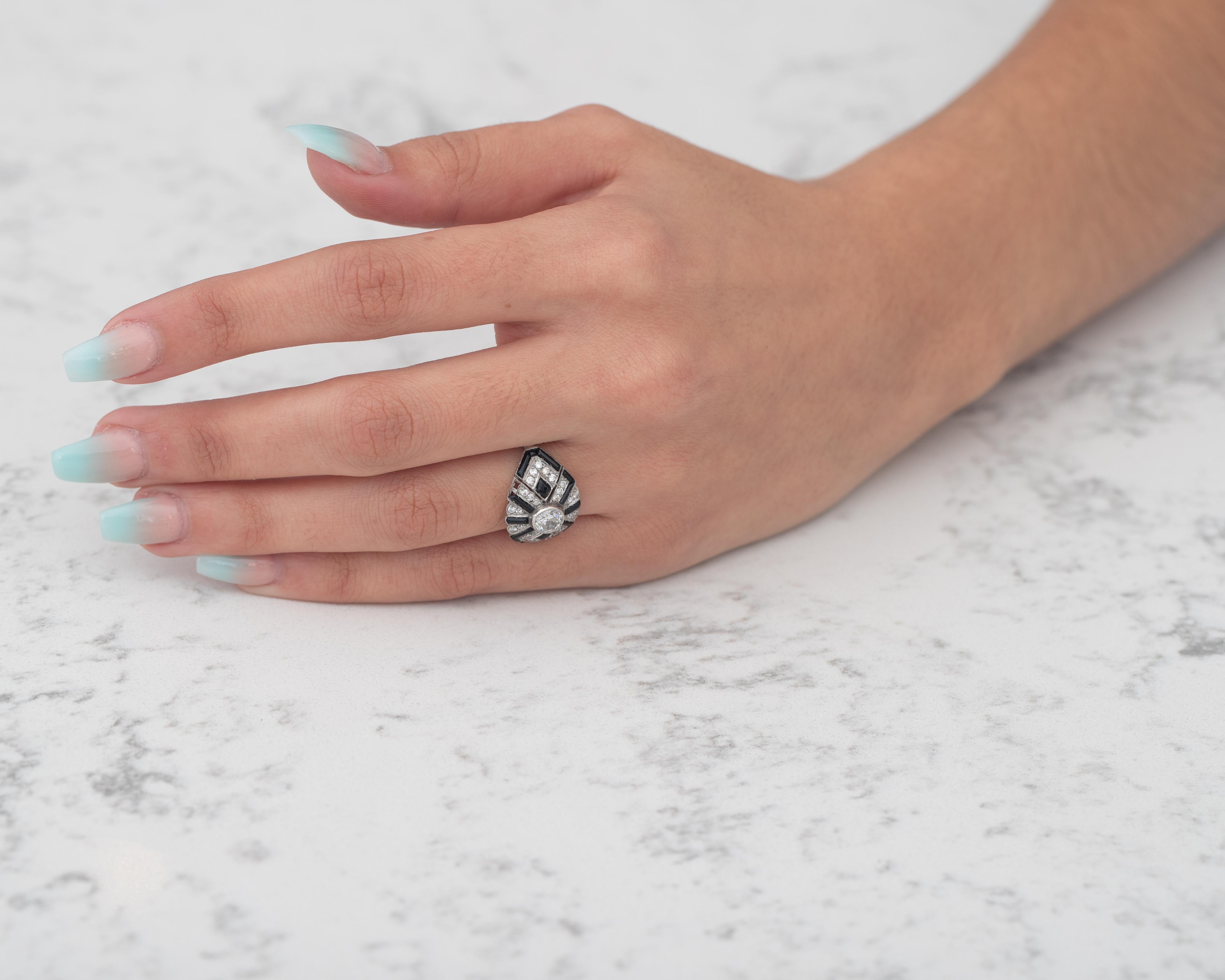 Art Deco 1.12 Carat Old European Cut Diamond Ring with Black Onyx Geometric 4