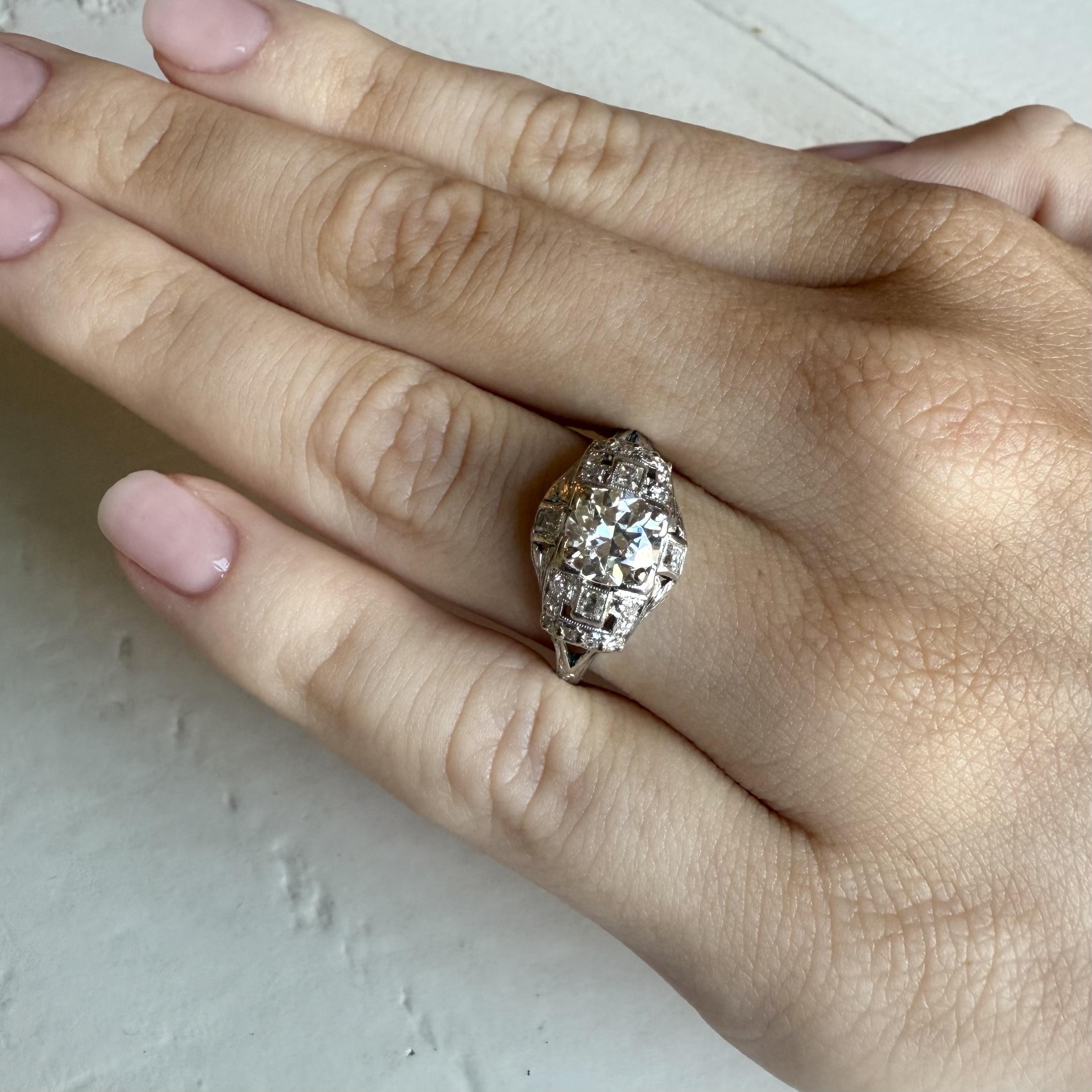 We are loving this vintage beauty!!

Ring Details
Material: Platinum
Era: Art Deco 1920 - 1940
Head Width: 11.1mm
Head Height: 5.6mm
Weight: 4.4 Grams
Finger Size: 7 1/2
Sizable Upon Request

Accented by the following gemstones
1 - 6.65mm X 4.2mm
