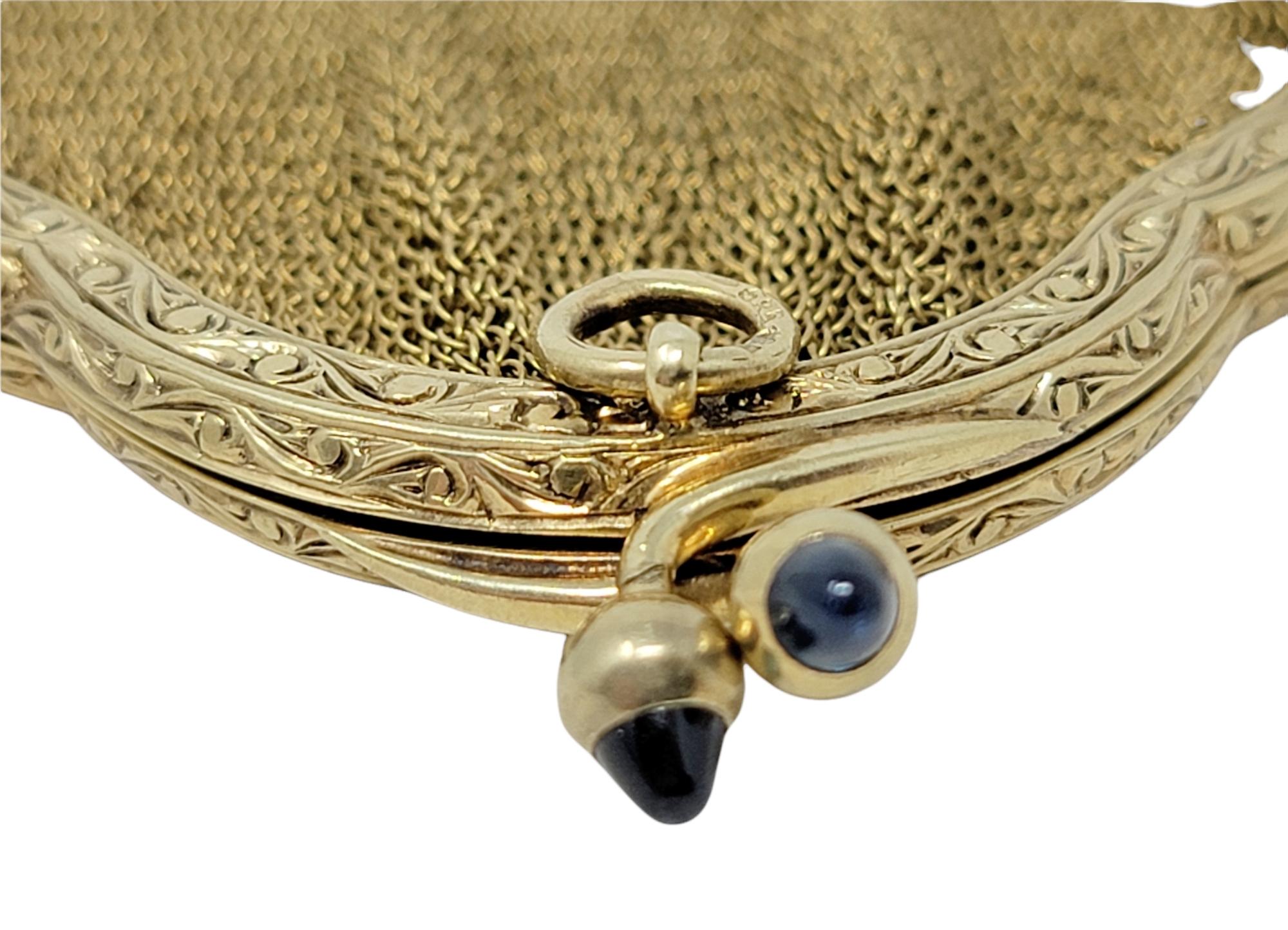 Vintage Art Deco 14 Karat Gold Mesh Münze Geldbörse mit Saphir Cabochon Details im Zustand „Gut“ in Scottsdale, AZ