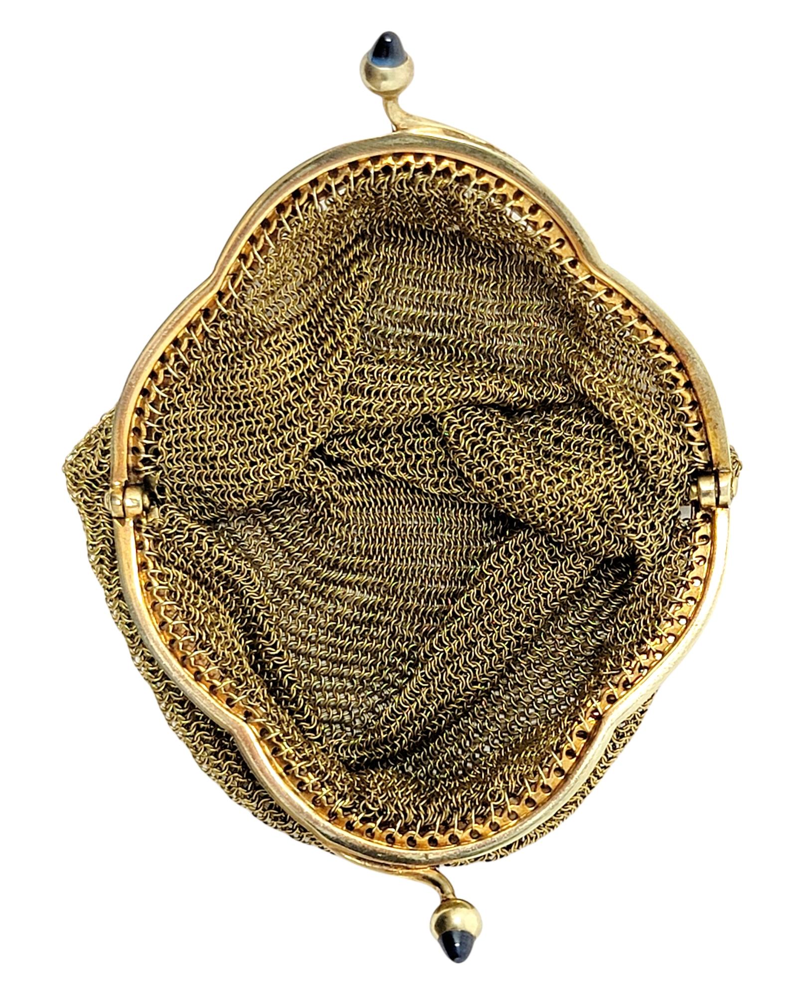 Vintage Art Deco 14 Karat Gold Mesh Coin Purse with Sapphire Cabochon Details For Sale 1