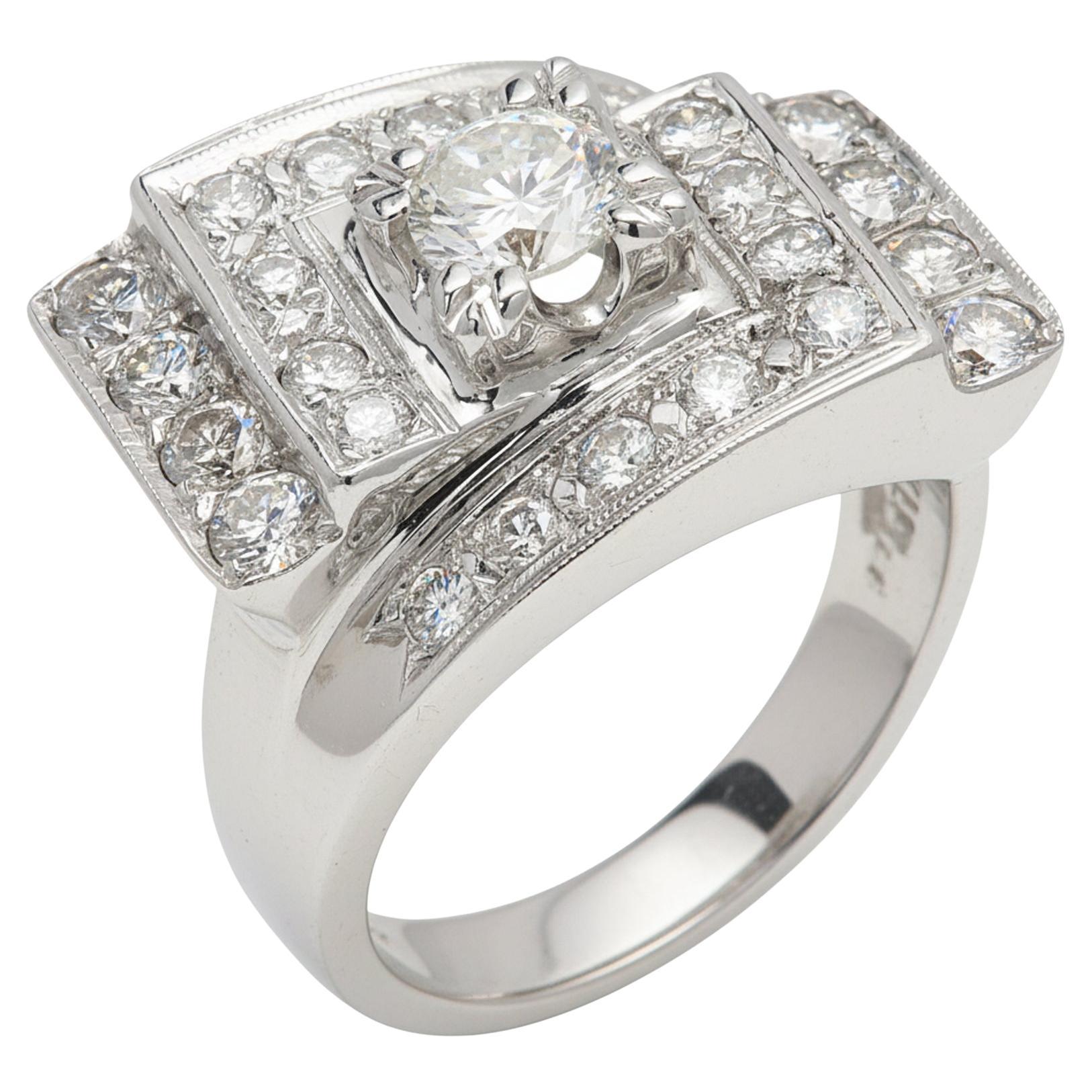 Anello vintage art deco in oro bianco 14 carati con cluster di diamanti Nature