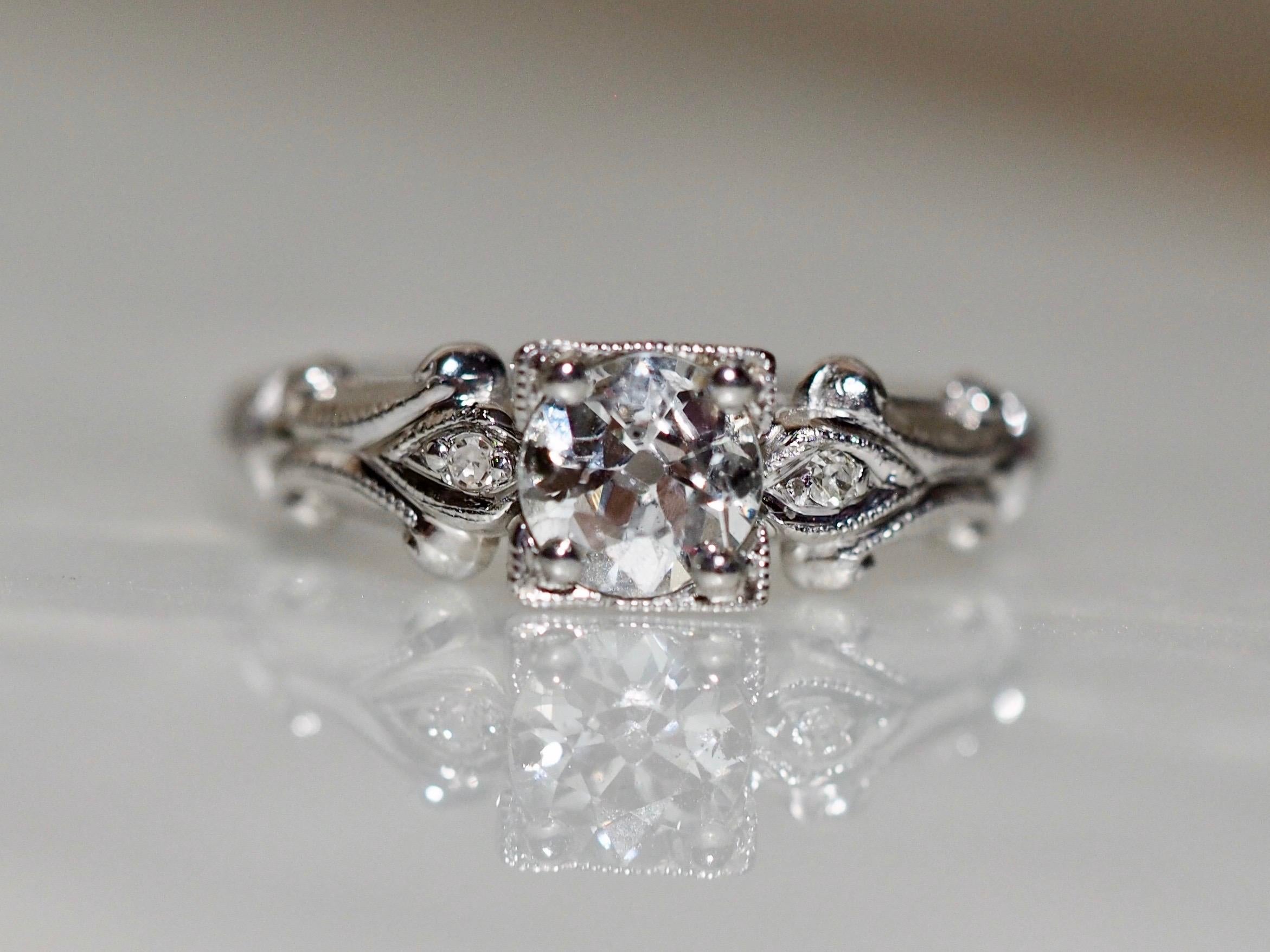 Vintage Art Deco 14 Karat White Gold Old European Cut Diamond Engagement Ring For Sale 4