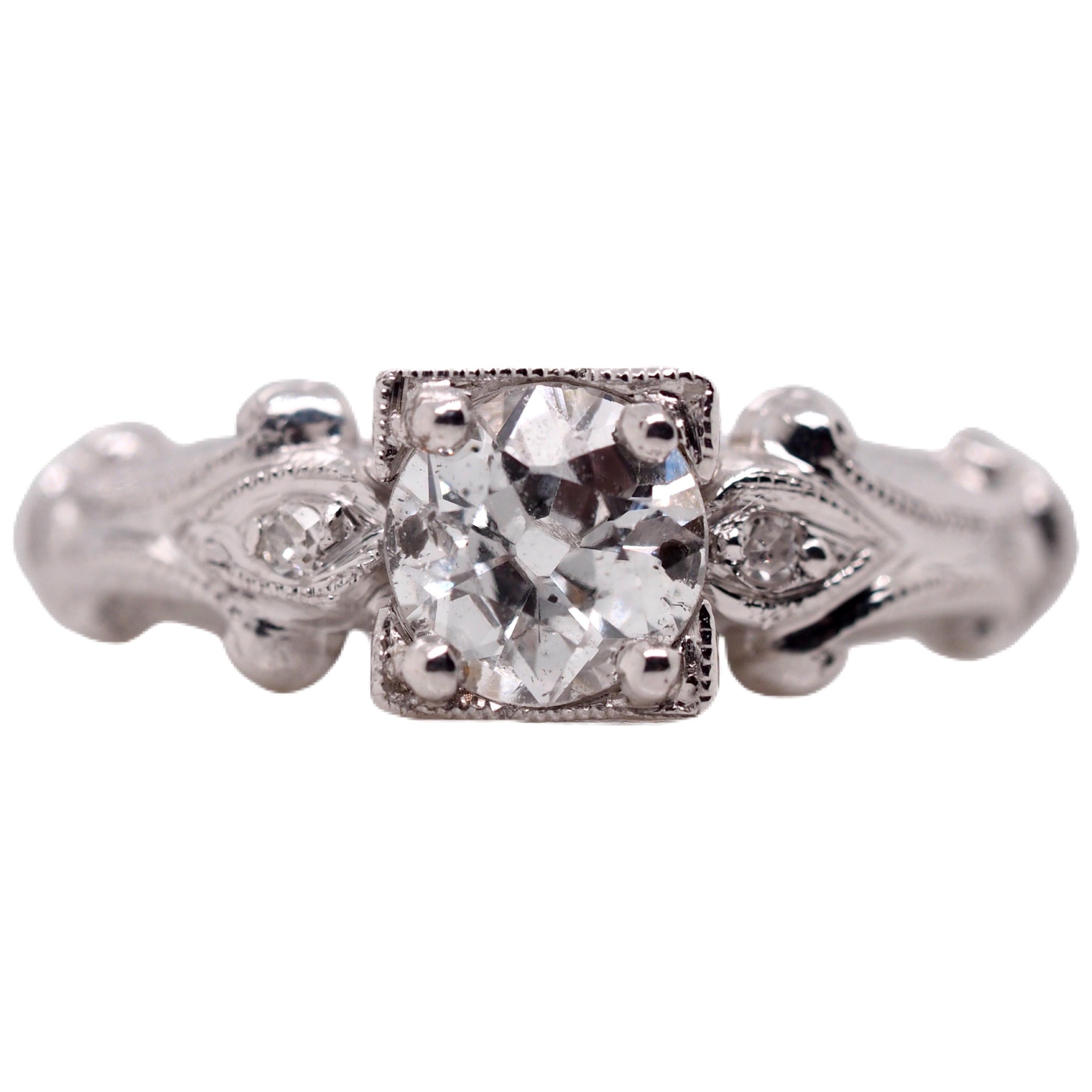 Vintage Art Deco 14 Karat White Gold Old European Cut Diamond Engagement Ring