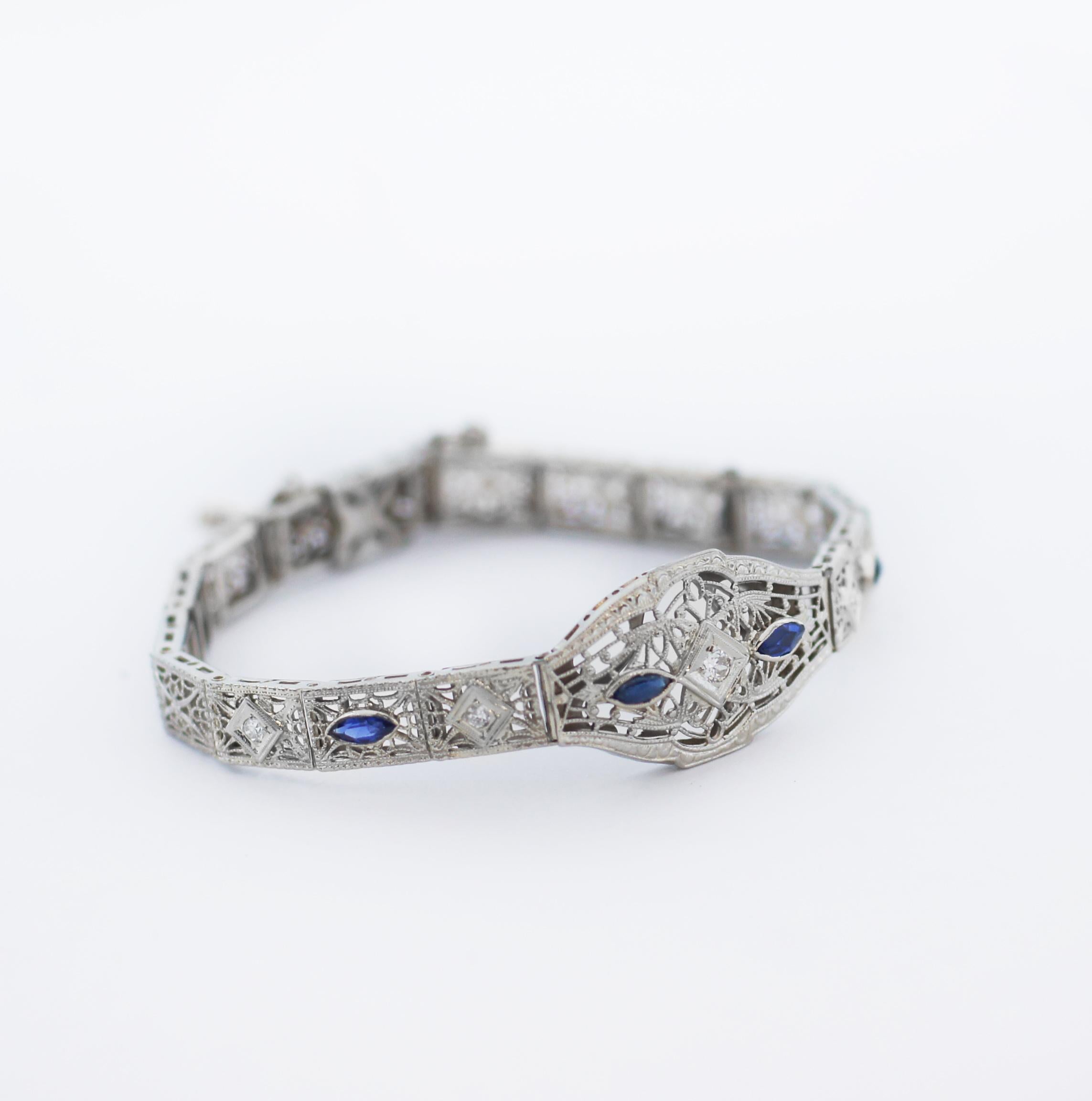 Round Cut Vintage Art Deco 14K Gold Sapphire Diamond Bracelet For Sale