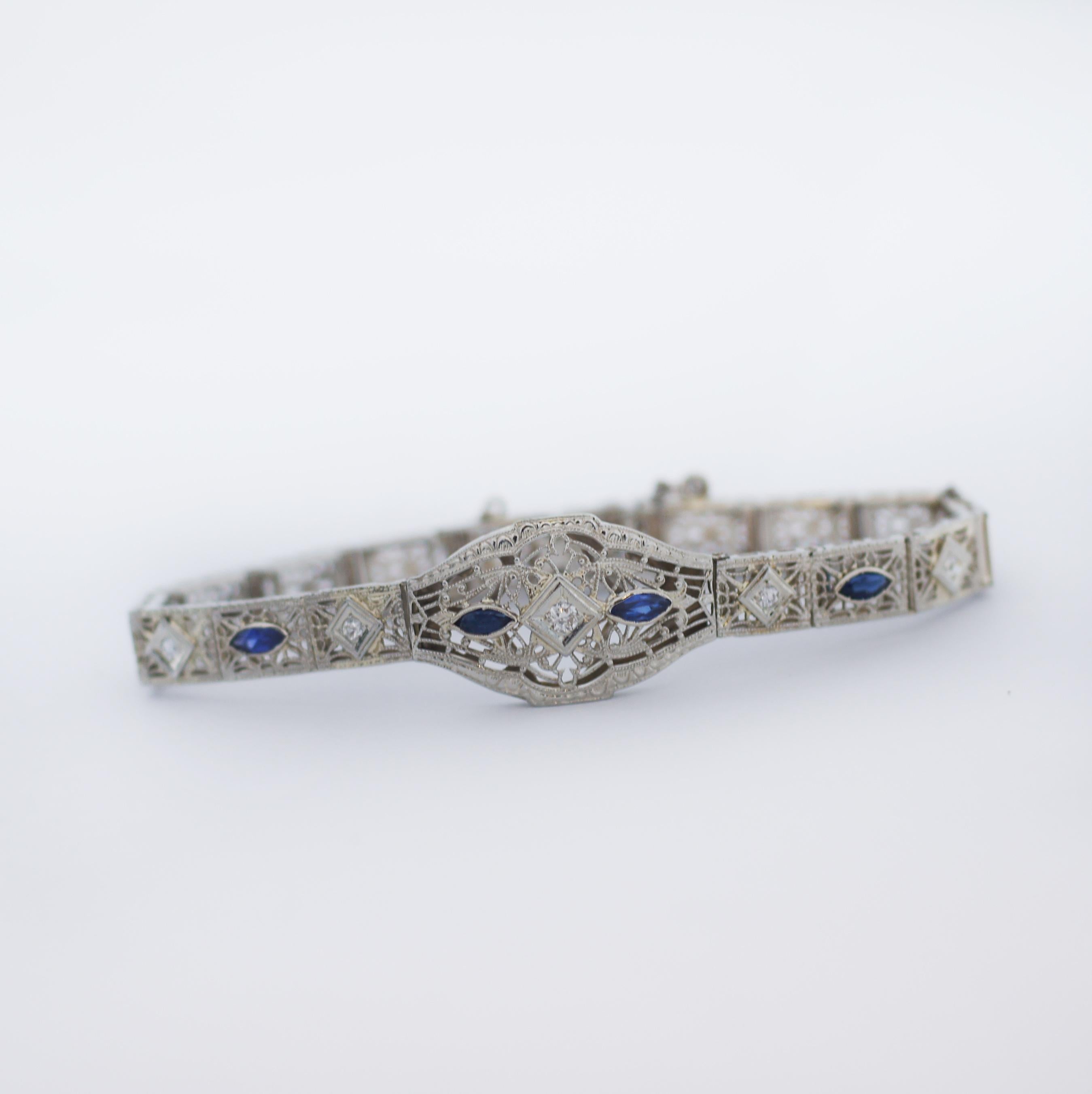 Vintage Art Deco 14K Gold Sapphire Diamond Bracelet In Good Condition For Sale In San Fernando, CA