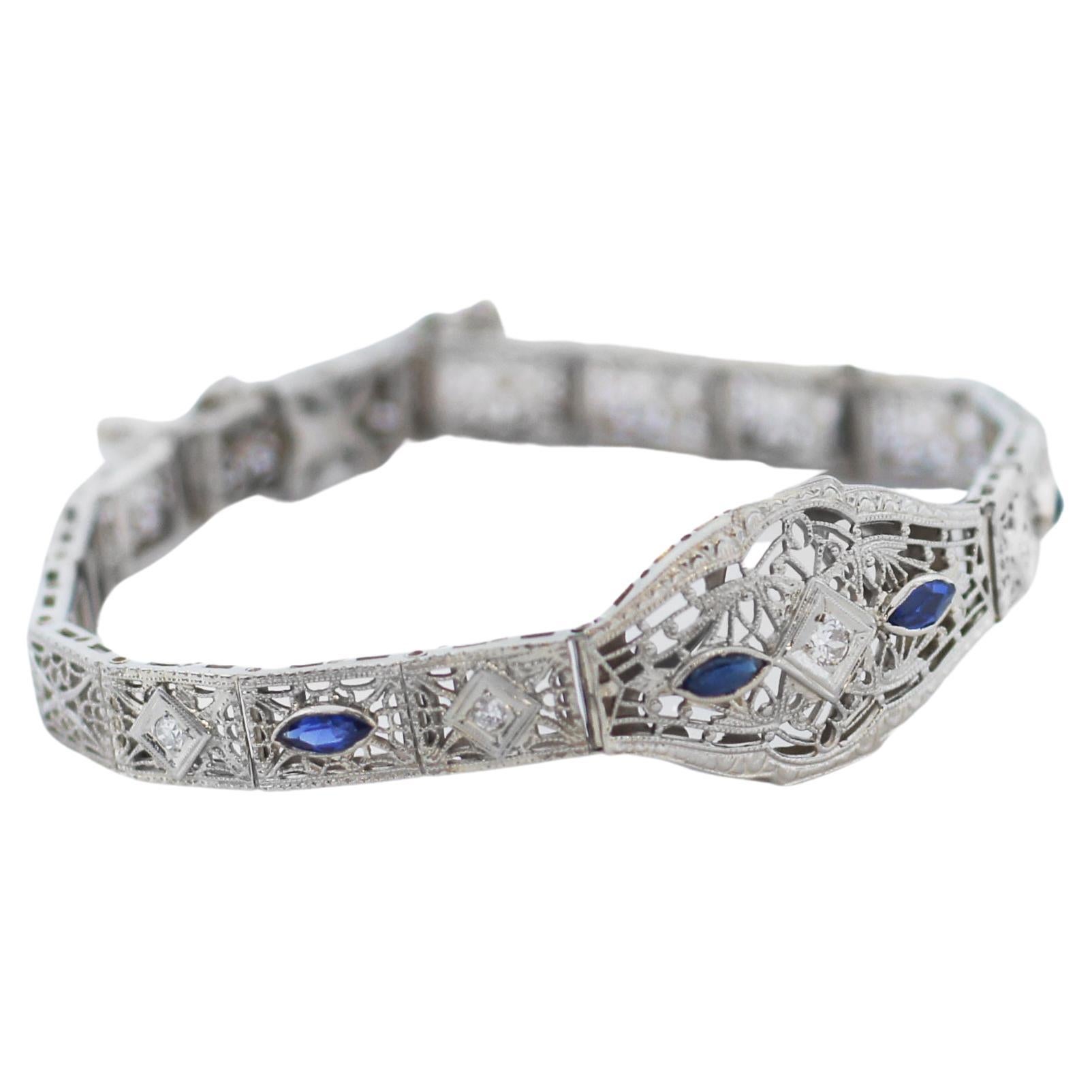 Vintage Art Deco 14K Gold Sapphire Diamond Bracelet