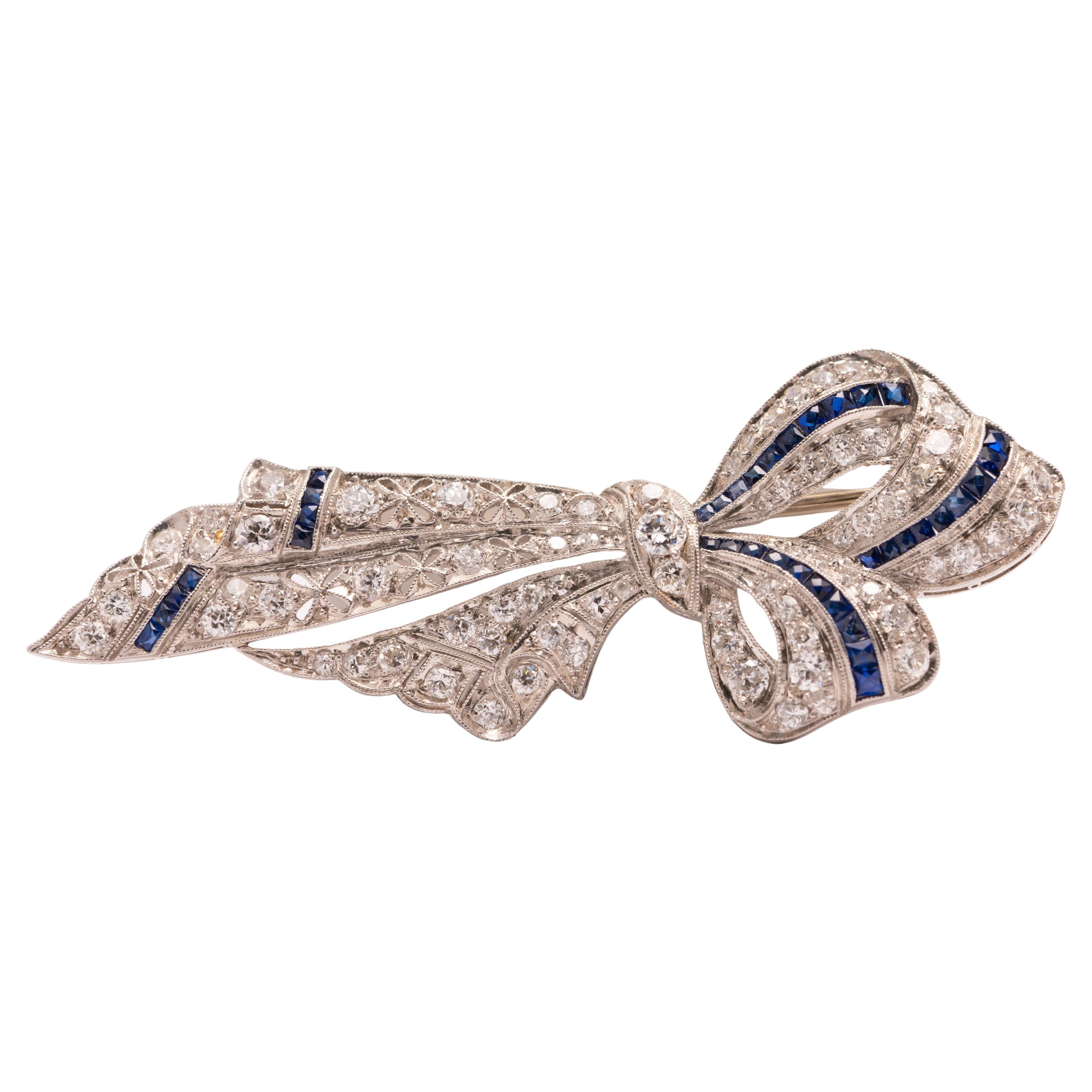 Vintage Art Deco 14K Weißgold Diamant und Saphir Schleife Brosche