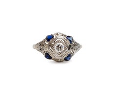 Vintage Art Deco 14 Karat Gold Diamond Filigree Ring with Blue Sapphire Heart