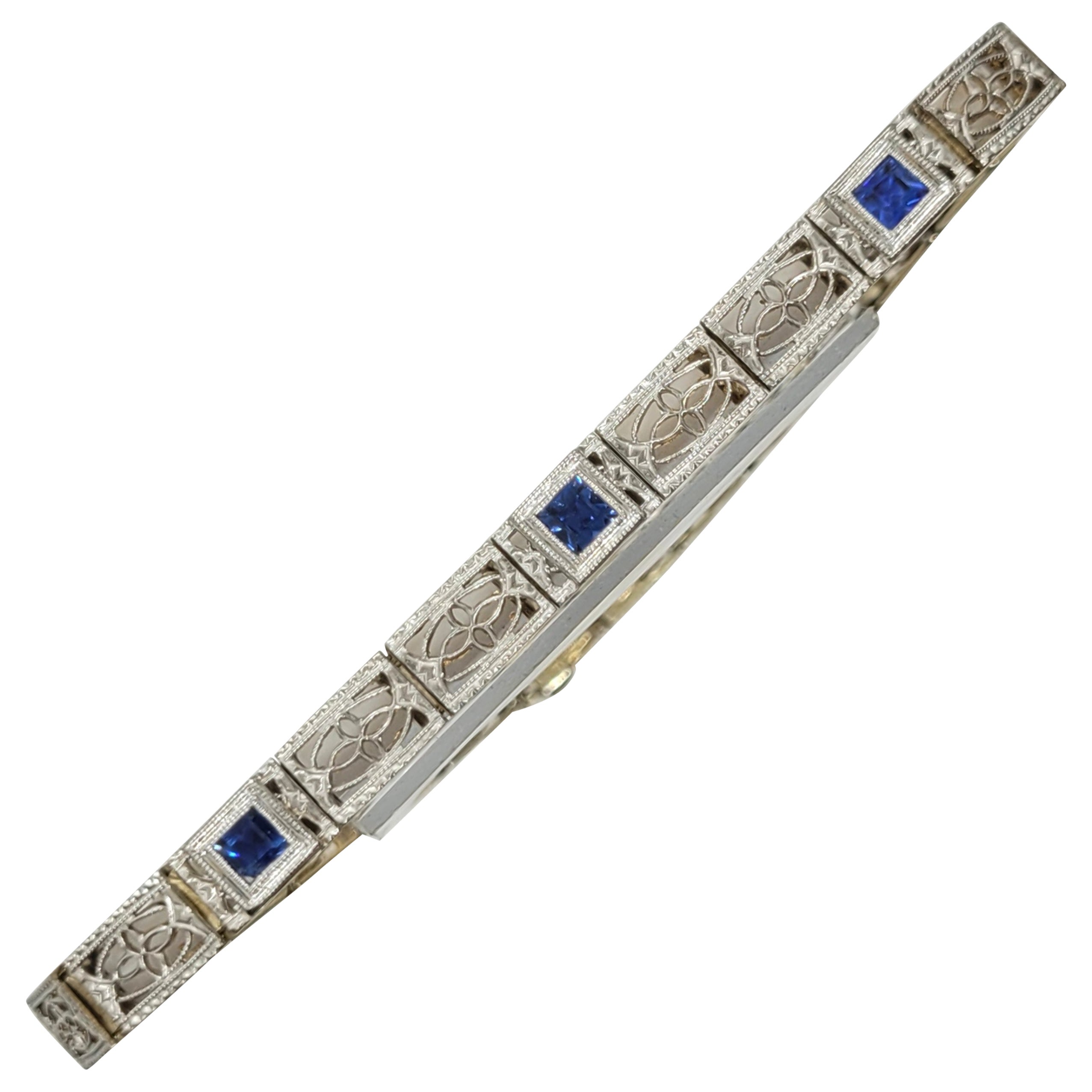 Vintage Art Deco 14K White Gold Filigree Bracelet 3 Square-Cut Blue Sapphires