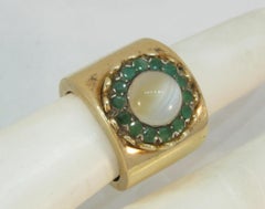 Vintage Art Deco 14k Yellow Gold Cat's Eye Chrysoberyl Emerald Flower Shape Ring
