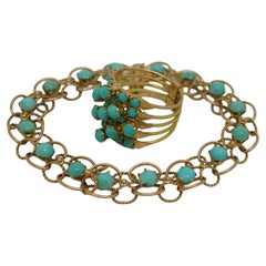 Vintage Art Deco 14K Yellow Gold Chain Link Turquoise Bracelet & Cluster Ring