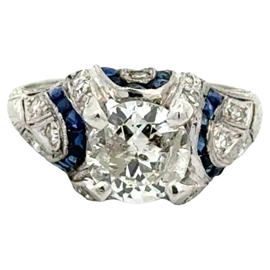 Vintage Art Deco 1.55 Carat Diamond and Sapphire Platinum Cocktail Ring For Sale