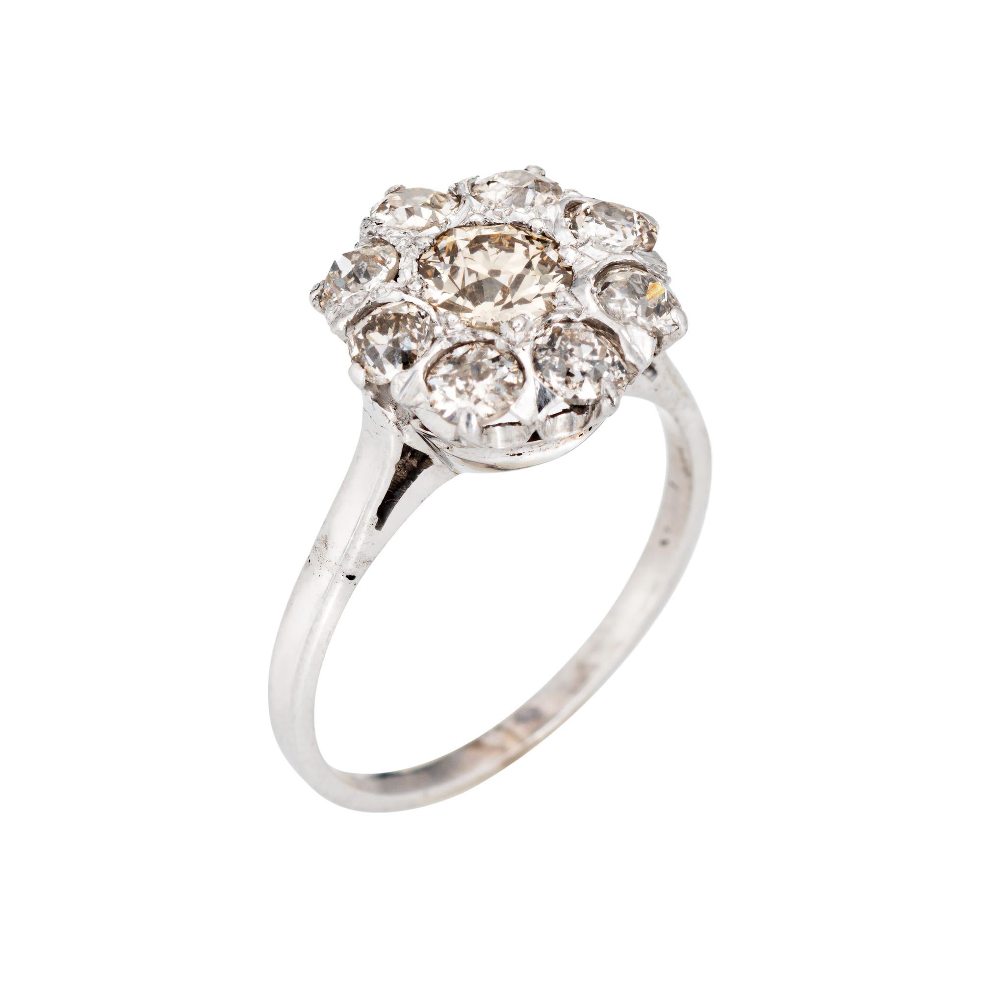 Stylish vintage Art Deco diamond cluster ring crafted in 14k white gold (circa 1920s to 1930s).
One center set old mine cut diamond is estimated at 0.50 carats, accented with eight estimated 0.15 carat old mine cut diamonds. The total diamond weight
