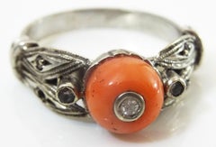 Vintage Art Deco 18 karat White Gold , Diamond and Coral Ring