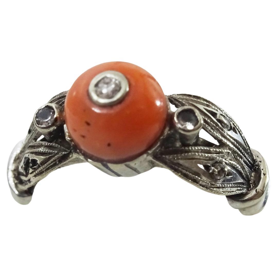 Vintage Art Deco 18 karat White Gold , Diamond and Coral Ring For Sale