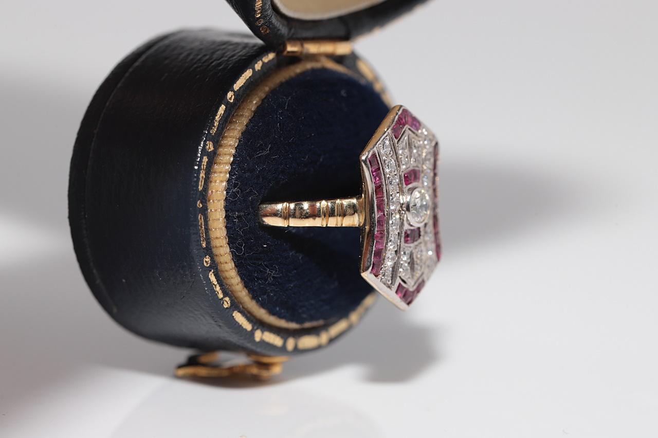 Vintage Art Deco 18k Gold Natürlicher Diamant und Rubin im Kaliberschliff Dekorierter Ring im Angebot 1
