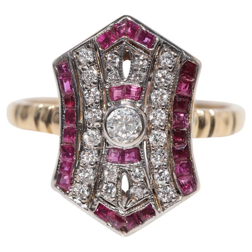Vintage Art Deco 18k Gold Natürlicher Diamant und Rubin im Kaliberschliff Dekorierter Ring
