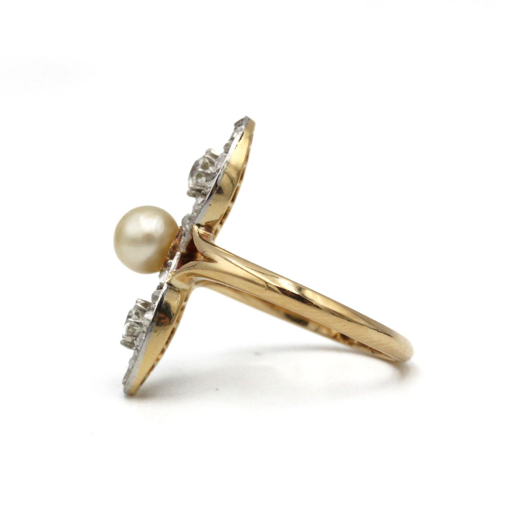 Rose Cut Vintage Art Deco 18K Gold Pearl & Old Mine Diamond Ring with Rose-Cut Halo For Sale