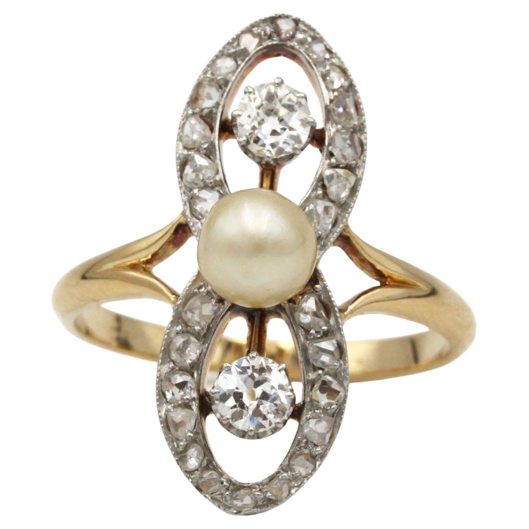Vintage Art Deco 18K Gold Pearl & Old Mine Diamond Ring with Rose-Cut Halo For Sale