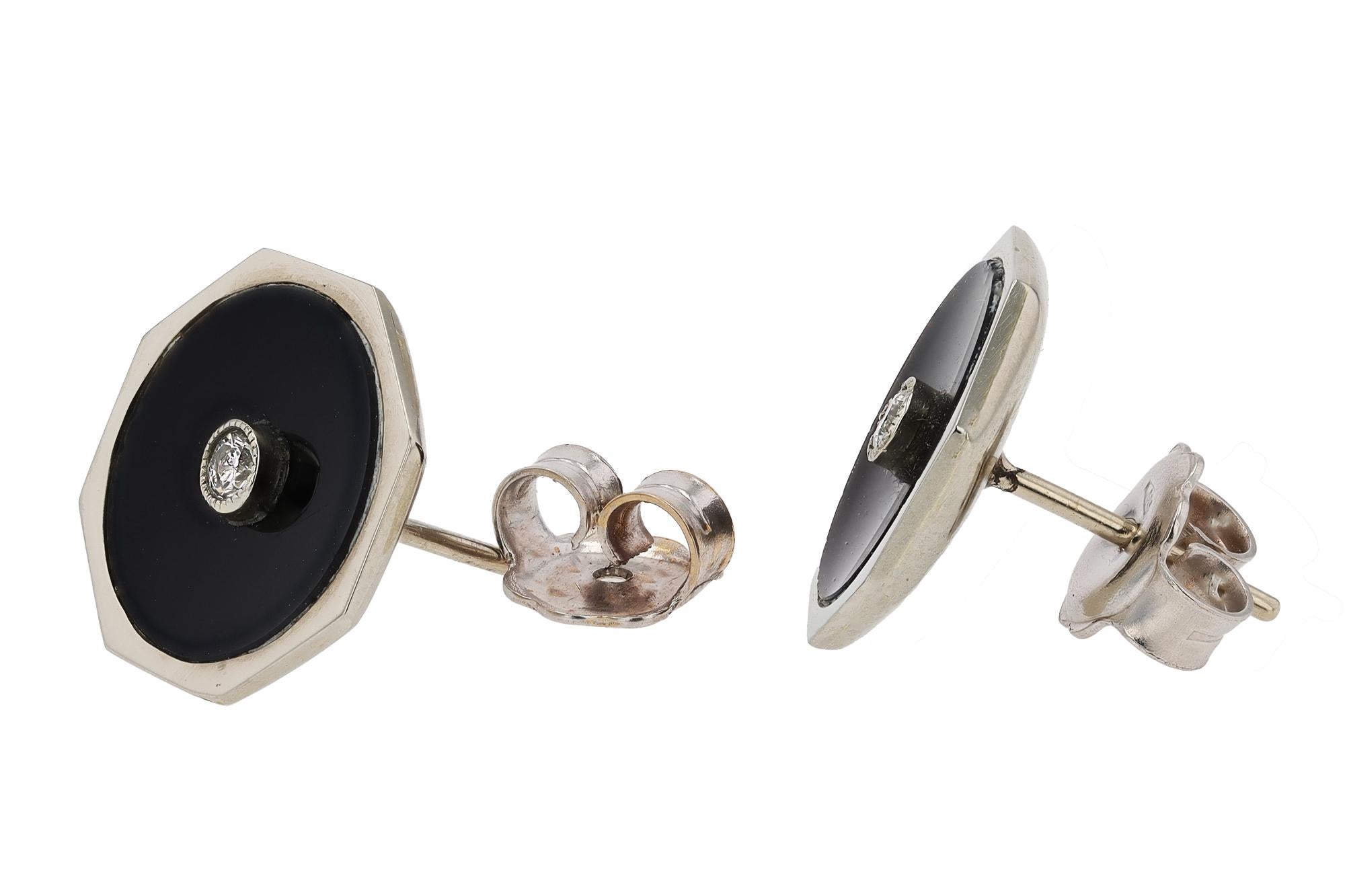 Brilliant Cut Vintage Art Deco 18k White Gold, Black Onyx and Diamond Octagon Earrings