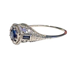 Vintage Art Deco 18k White Gold Filigree .60ct Old Cut Sapphire Engagement Ring
