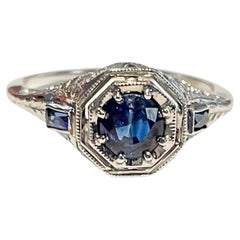 Antique Art Deco 18k White Gold Filigree .60ct Old Cut Sapphire Engagement Ring