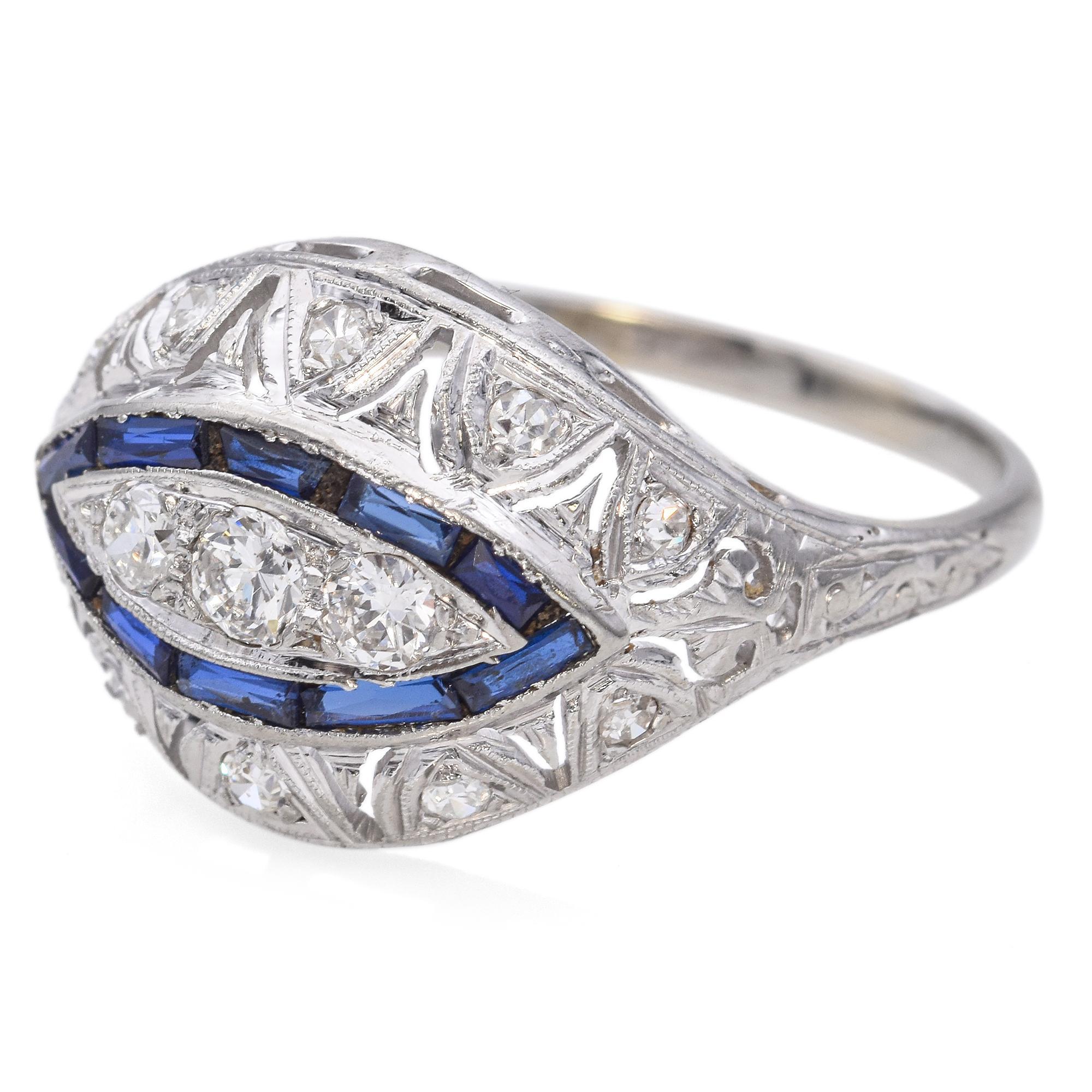 Vintage Art Deco 18K White Gold Old European Cut Diamond and Sapphire Ring In Good Condition For Sale In New York, NY