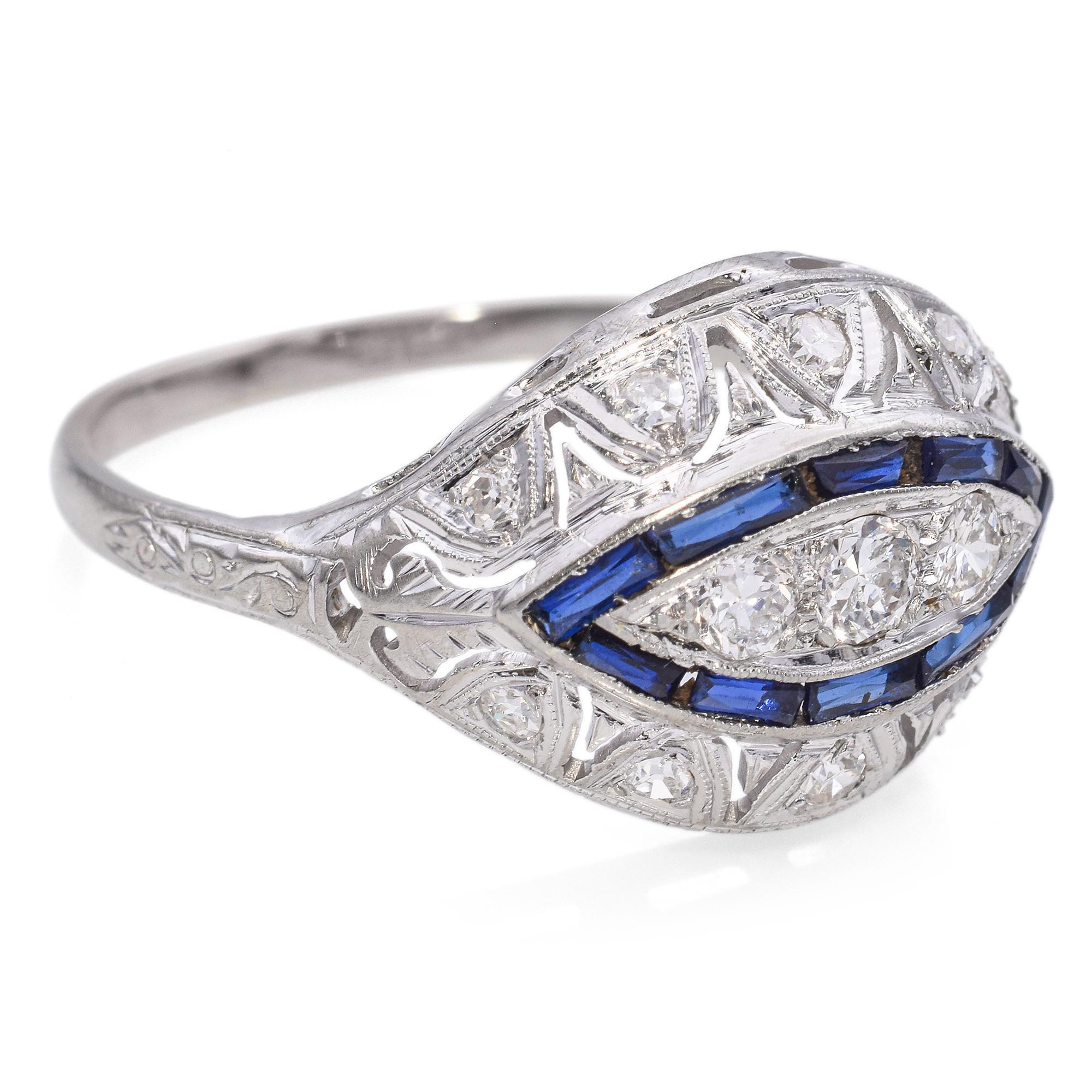 Women's Vintage Art Deco 18K White Gold Old European Cut Diamond and Sapphire Ring For Sale